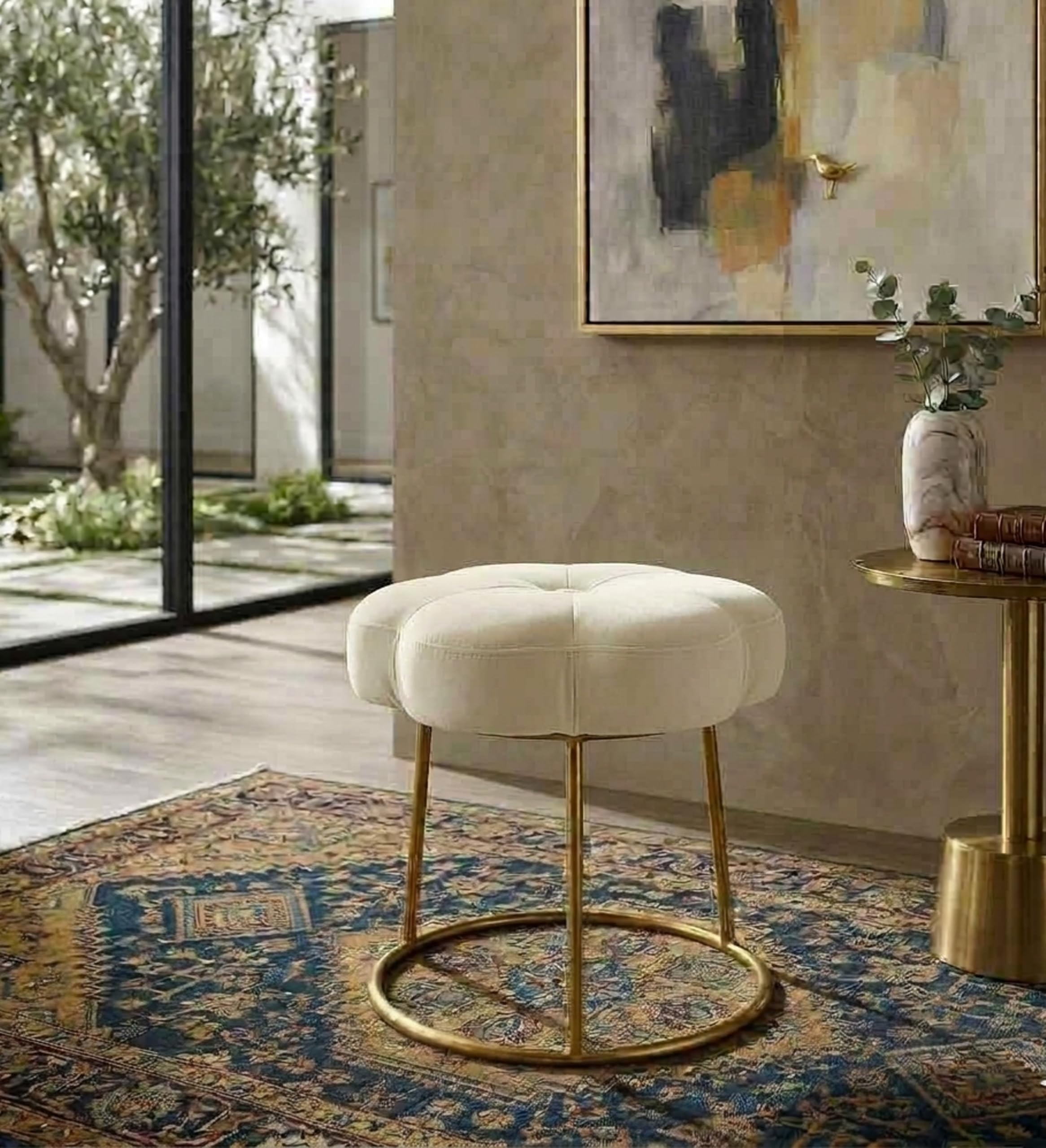 Round Makeup Vanity Chair with Metal Legs & Soft Padded Seat, Flower Ottoman Foot Stool for Bedroom, Living Room-White-image-17