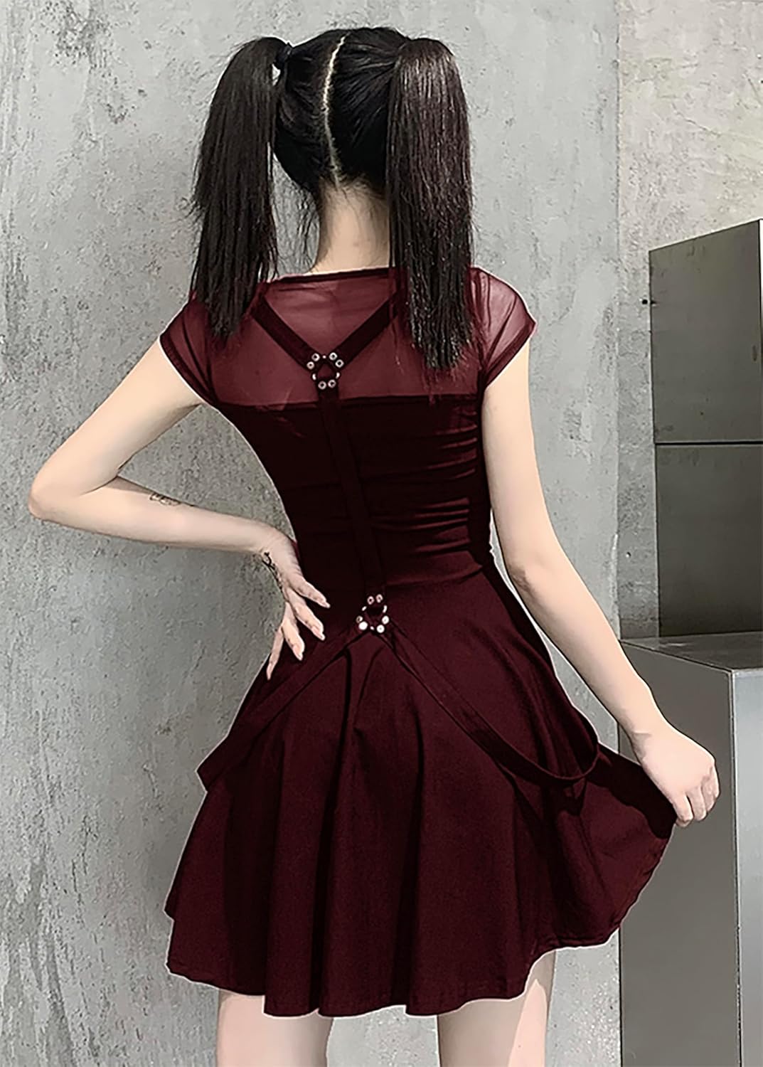 TSMNZMU Women Gothic Mesh Mini Dress Black Harajuku Grunge Halter Dresses Sleeveless Aesthetic Alt Dress Y2K Emo Dress