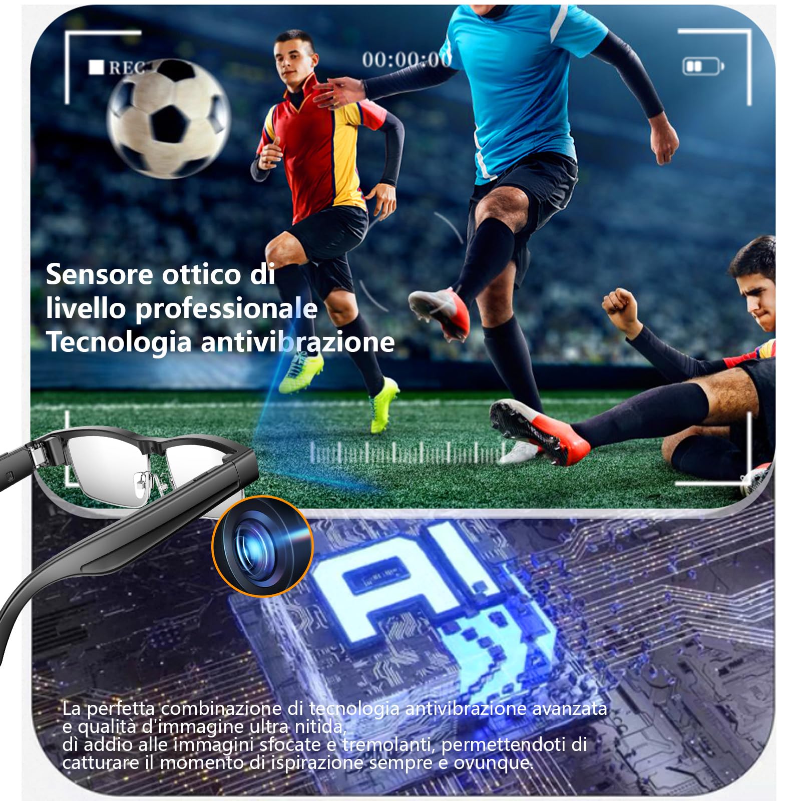 Occhiali Intelligenti AI con Fotocamera 4K, 8MP HD Video Anti-Vibrazione/GPT Vision/Comando Vocale AI, Chiamate e Traduzione BT Doppio Nitido (L802)