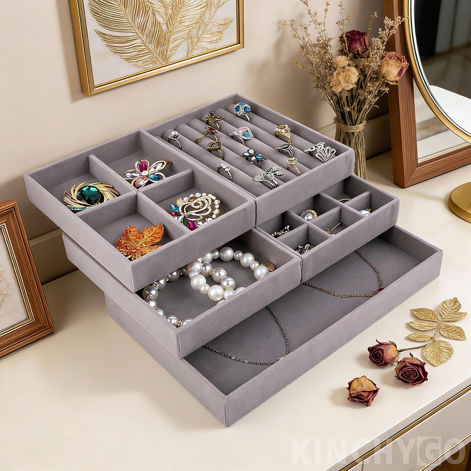Set of 10 Stackable Velvet Jewelry Trays Organizer Drawer Inserts