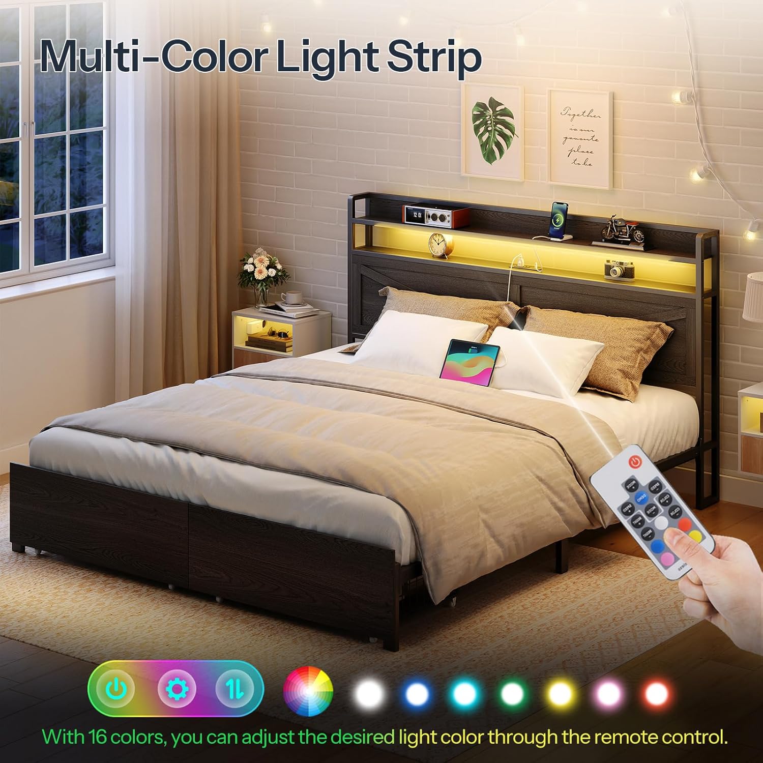 Detailed product dimensions for the HOOBRO Queen Bed Frame