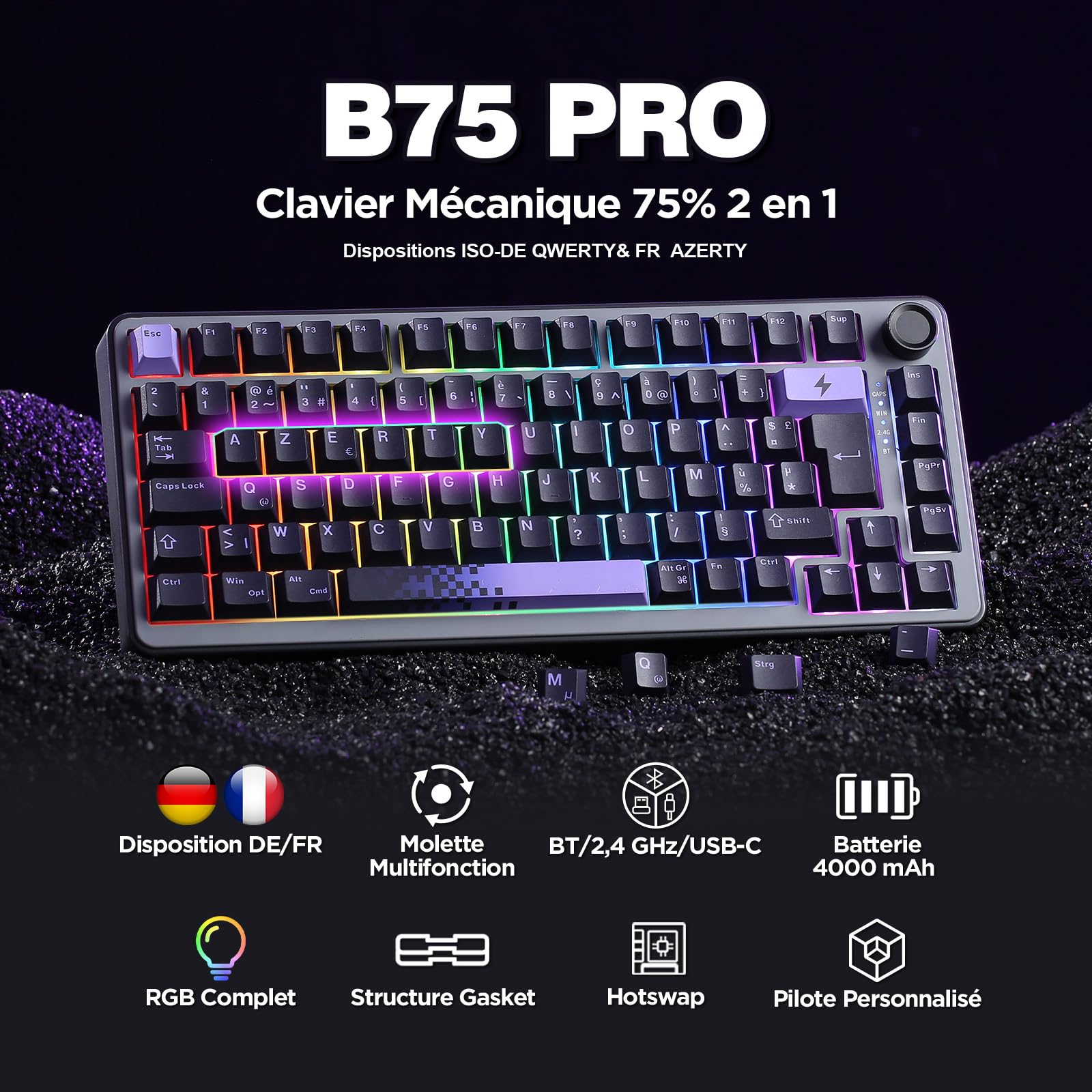 YUNZII B75 Pro ISO FR & DE Clavier Gamer sans Fil (Noir Violet, Milk V2) | AZERTY Français & QWERTZ 75% Disposition avec Bouton, 2.4 Ghz/Bluetooth/Filaire Gasket Mounted, Hotswap, RGB, Windows/Mac