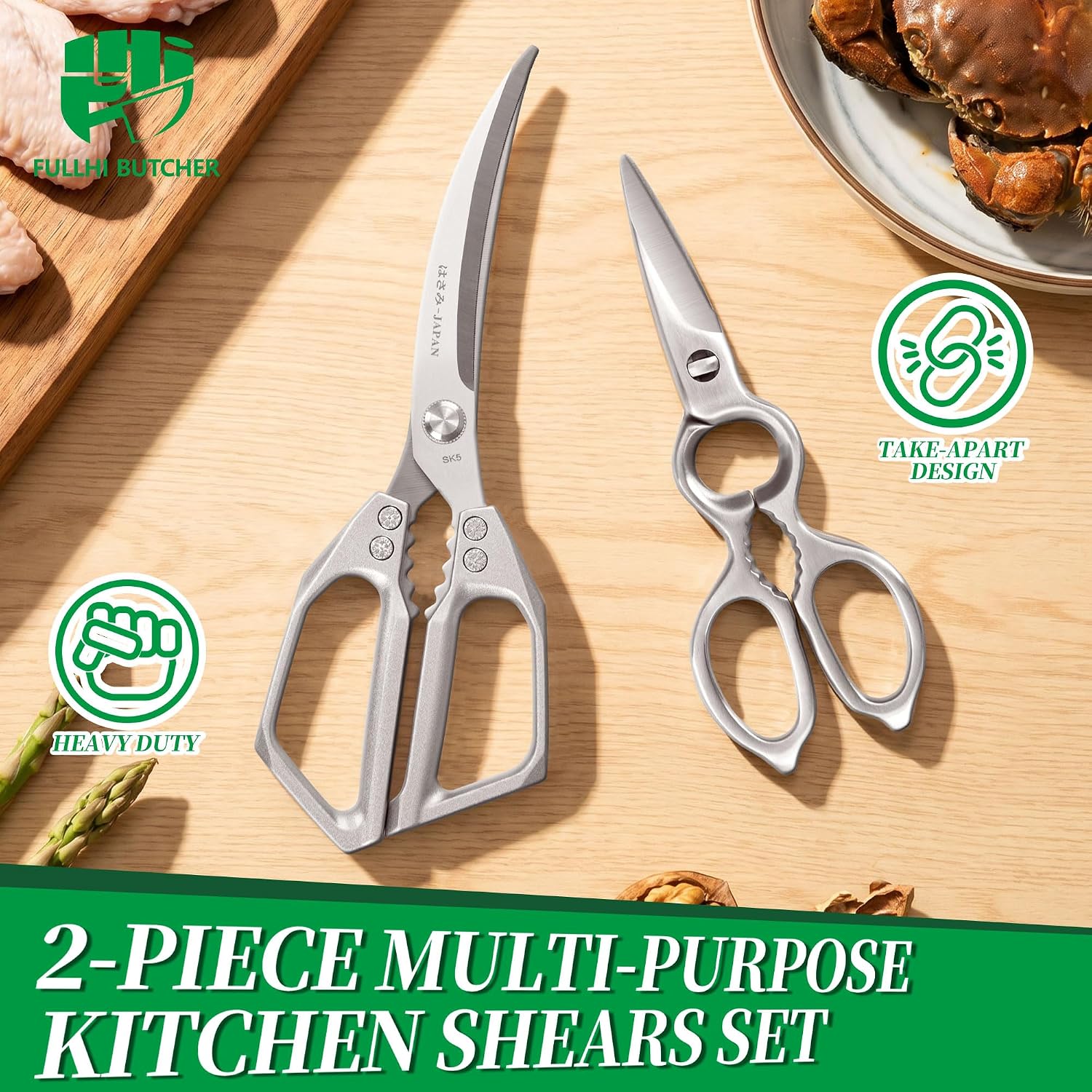 FULLHI Kitchen Scissors Set All Purpose - Stainless Steel Kitchen Shear, Sharp Silver Meat Scissors, Heavy Duty Poultry Shears, Japanese Cooking Scissor for Food, Chicken Bones (AC 2pcs Set)