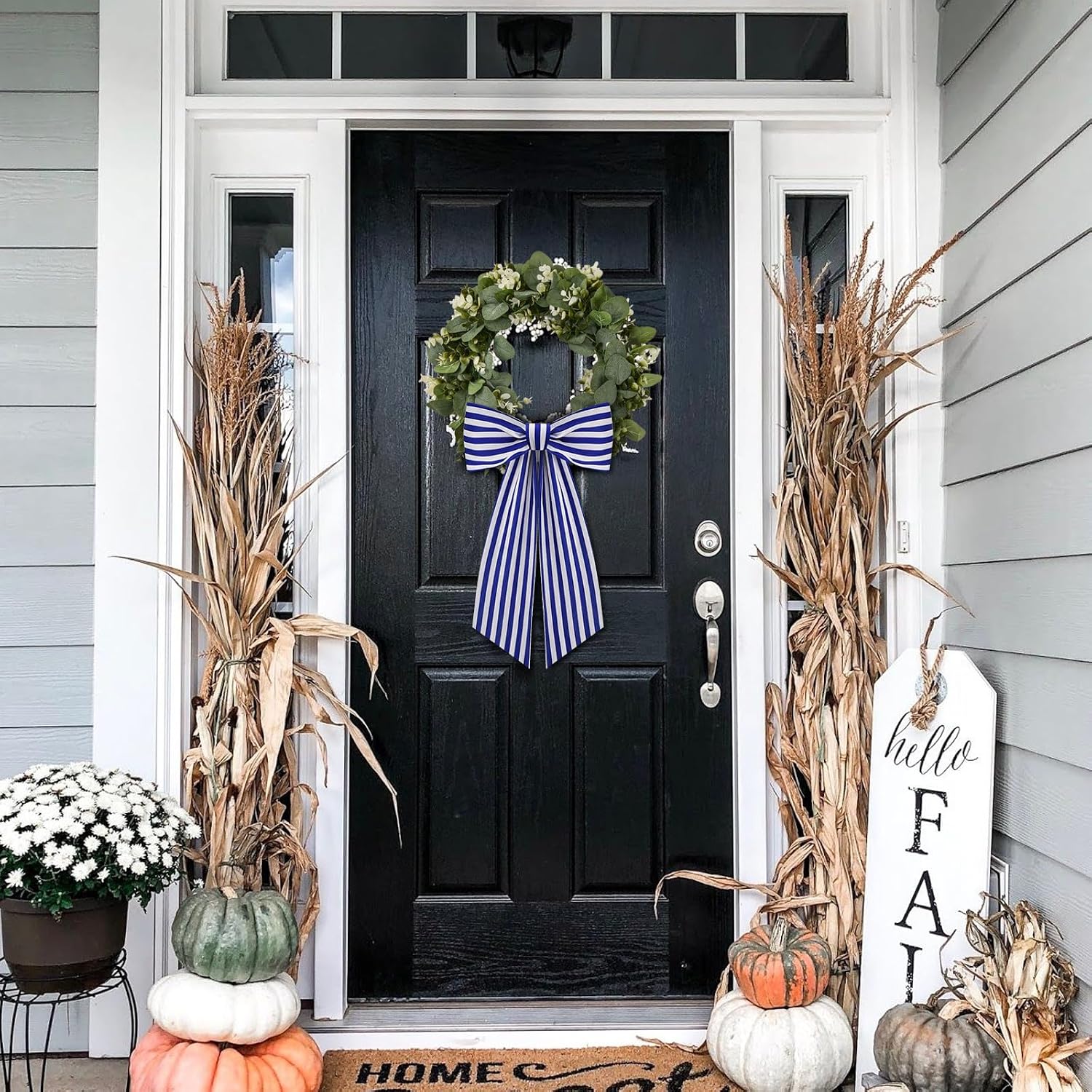 2 Pack Wreath Sash for Front Door Stripe Boxwood Sash Garland Porch Decor (Blue and White Stripe)