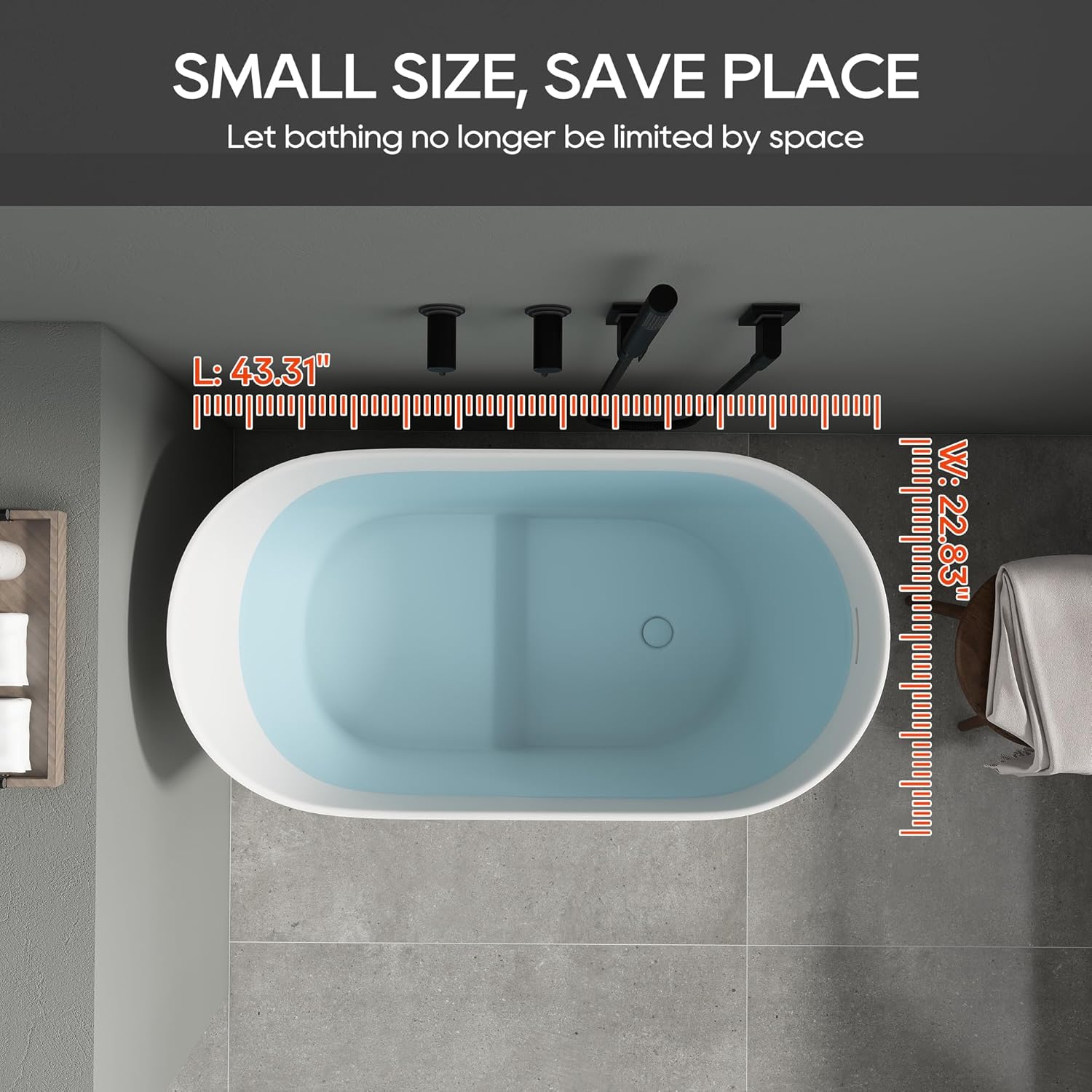 SJ Star&Jane 43" Solid Surface Japanese Soaking Bathtub Stone Resin Freestanding Tub Deep Soaking Bathtub Sit-In Design with Drain