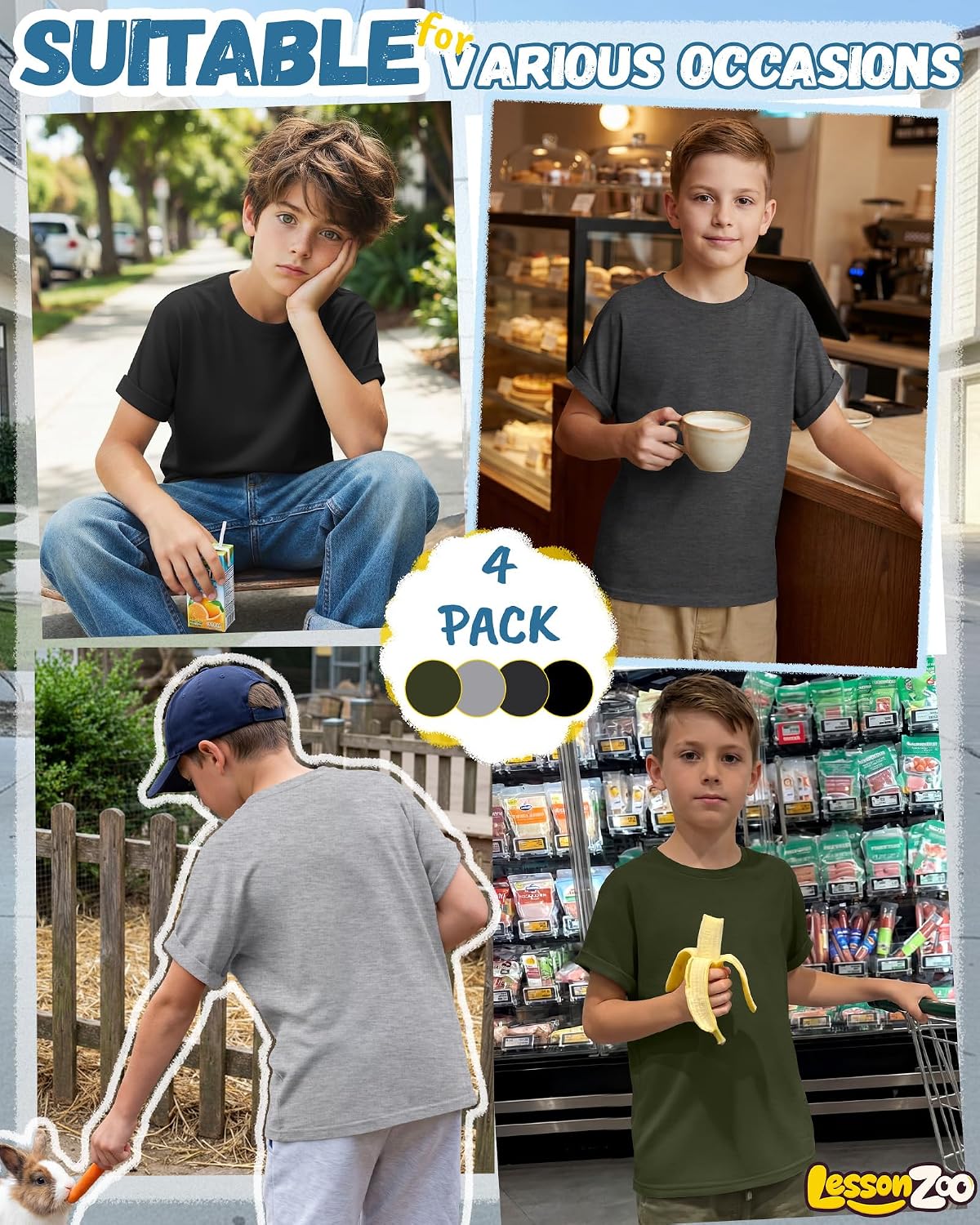4 Pack Boys Short Sleeve Shirts Crewneck Kids Tops for Ages 5-14 Loose Fit Basic Casual Soft Plain Youth Tees