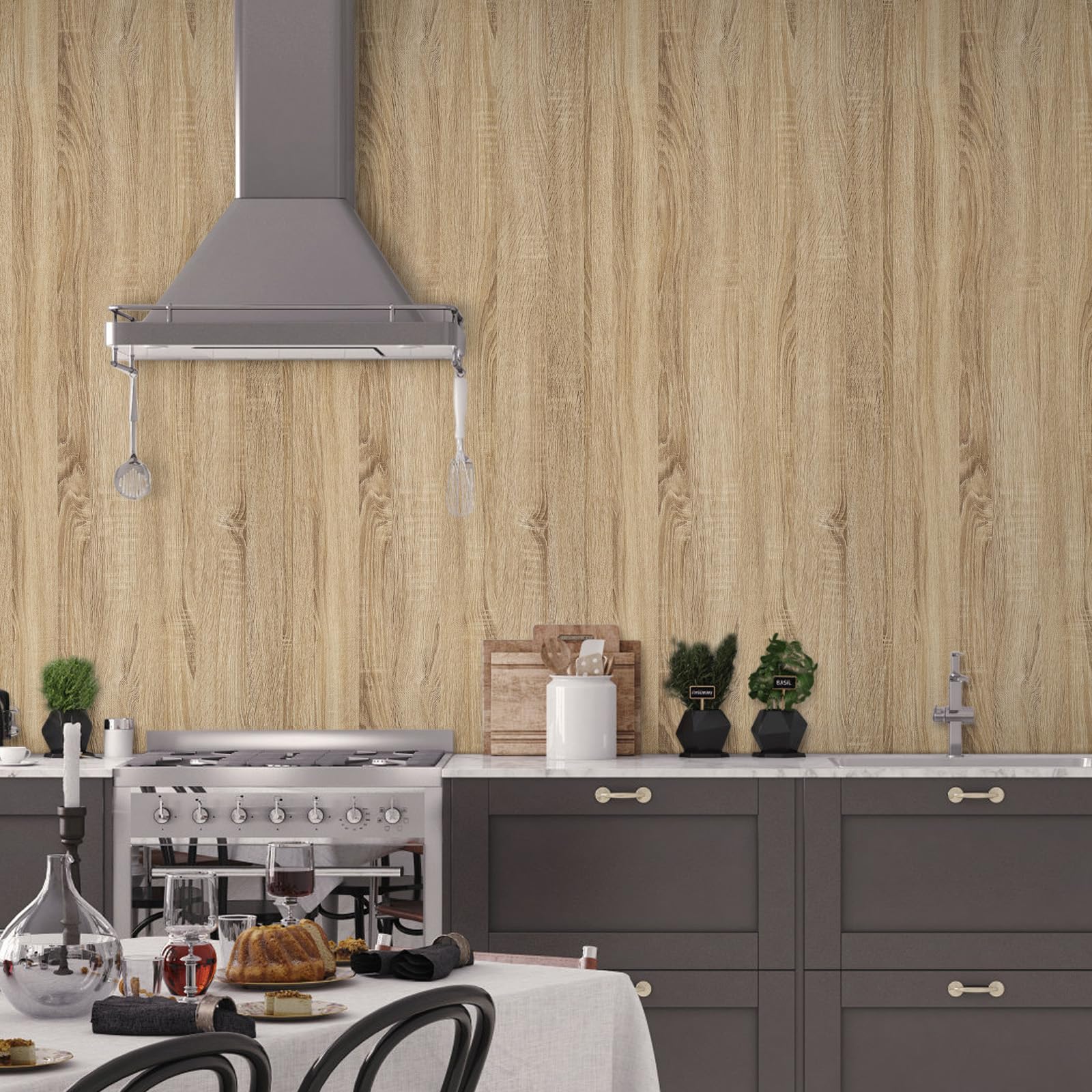 Plakfolie hout eiken, meubelfolie, zelfklevend, decoratieve folie, houtnerf, 60 x 500 cm, waterdicht, vinyl meubelstickers, wandbekleding voor keuken, keukenkast, muur, bruin, houtlook, retro