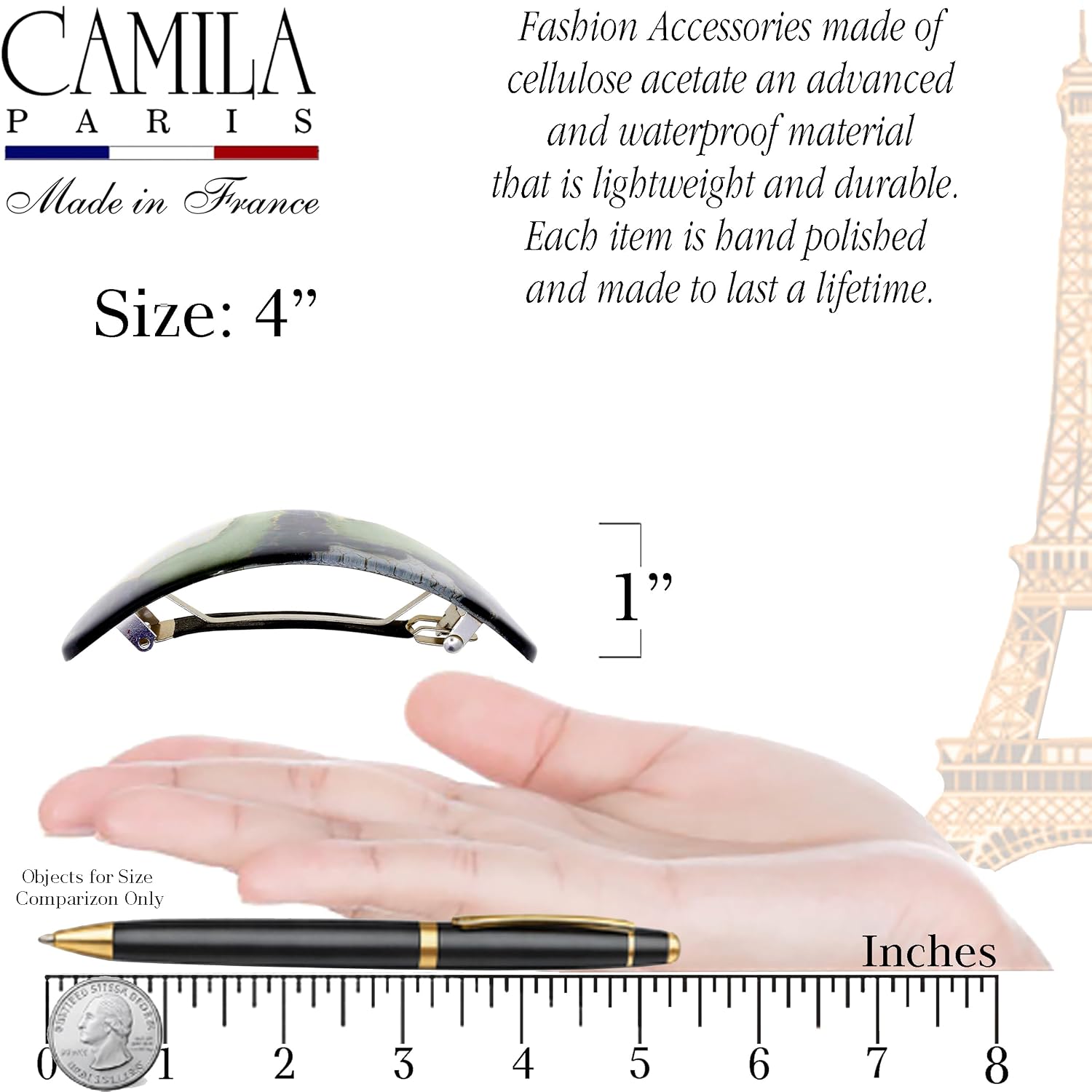 Camila Paris CP3325 French Hair Barrette Oval For Thick Curly Wavy Long Hair, Strong Hold Grip Hair Clips for Women, No Slip Rubberized Metal Clasp, Styling Girls Hair Accessories, Made in France