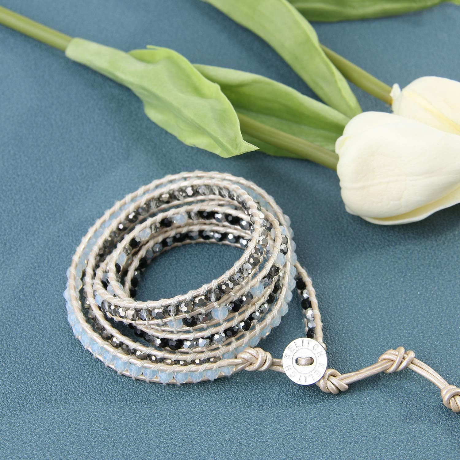KELITCH Women Gray Clear Crystal Bracelets Beaded 5 Wrap Bracelet Handmade Leather Strand Bracelets New