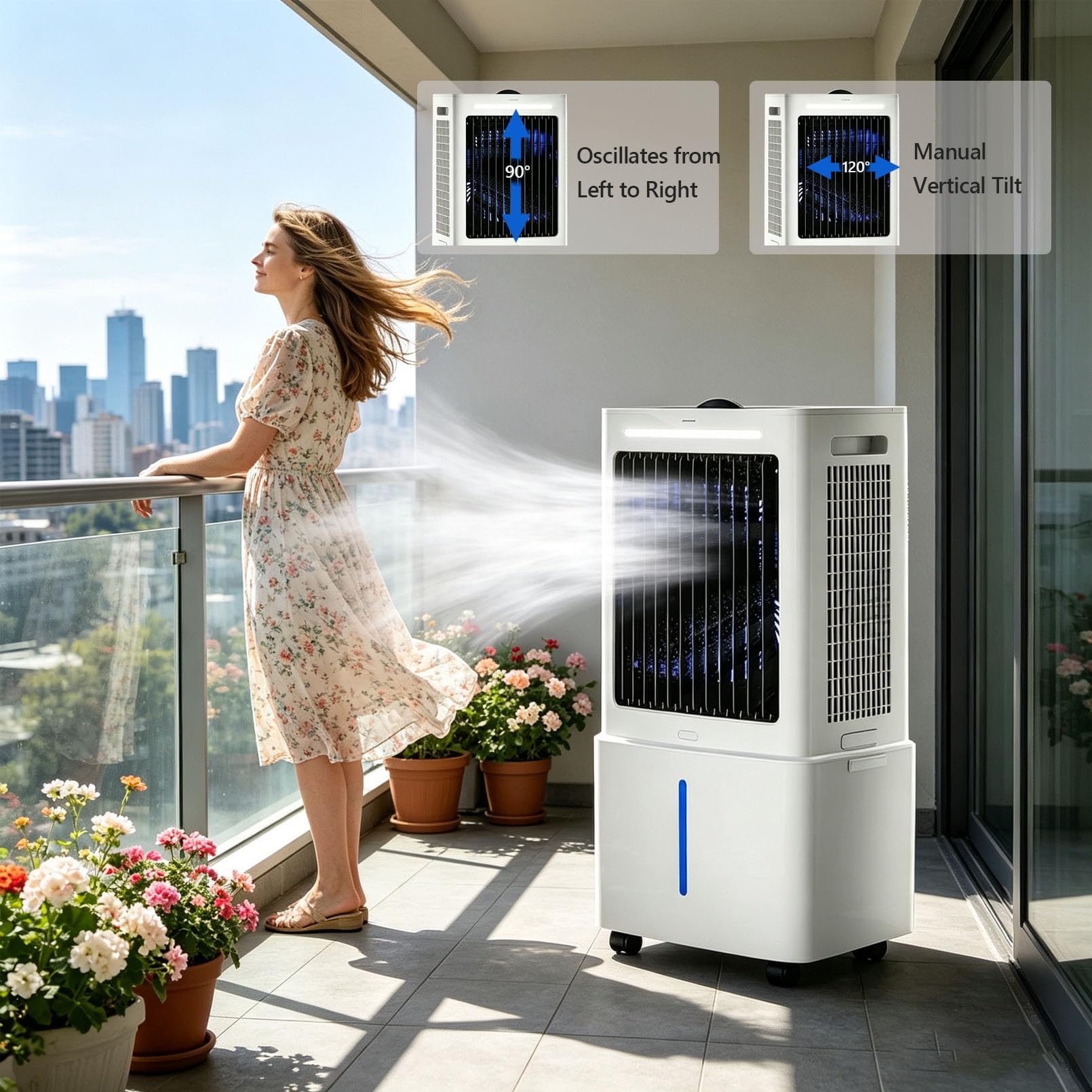 Enfriador de aire portátil 20L, 2000m³/h, 80W, 3 Velocidades, oscilación, 2 bloques hielo, Climatizador Evaporativo Portátil para Hogar y Oficina