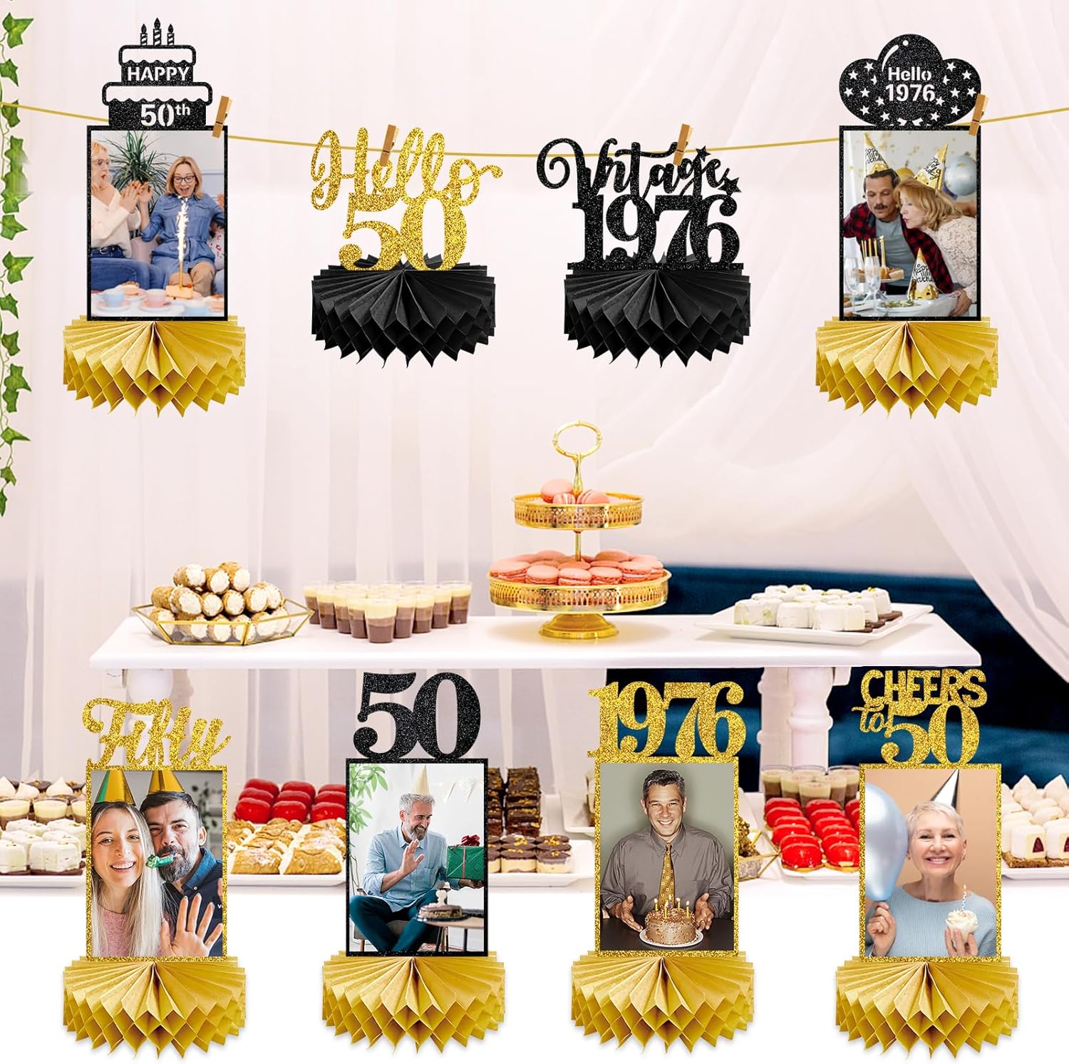 8Pcs 50th Birthday Decorations Honeycomb Centerpieces for Women Men, Black Gold Vintage 1976 50th Bday Photo Table Centerpieces Party Supplies, Glitter Cheers to 50 Year Old Bday Table Topper - Image 3