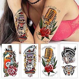 77 Sheets Vintage Temporary Tattoo, Old School Temporary Tatoos Flower Swallows Butterflies Tiger Scorpion Snake Hand Owl Swords for Women Girls and Men, Half Arm Fake Tattoos for Adults Shoulder Arm