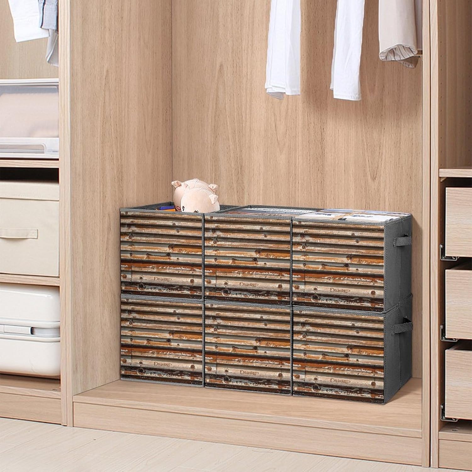 Wooden Board Arrangement Foldable Storage Box with Handles, Durable Oxford Storage Cubes, 6PCS Collapsible Closet Organizer for Home, Shelf, Office, Travel