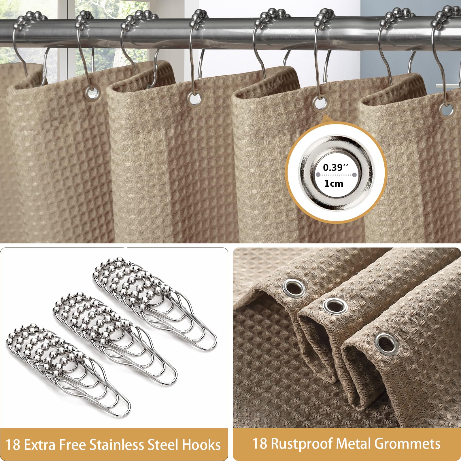 VANZAVANZU Shower Curtain for Bathroom with Metal Hooks Waffle Fabric Shower Curtain Heavy Duty Bath Curtain for Wet Room Bathtub Shower Stall Weighted Hem - Image 3