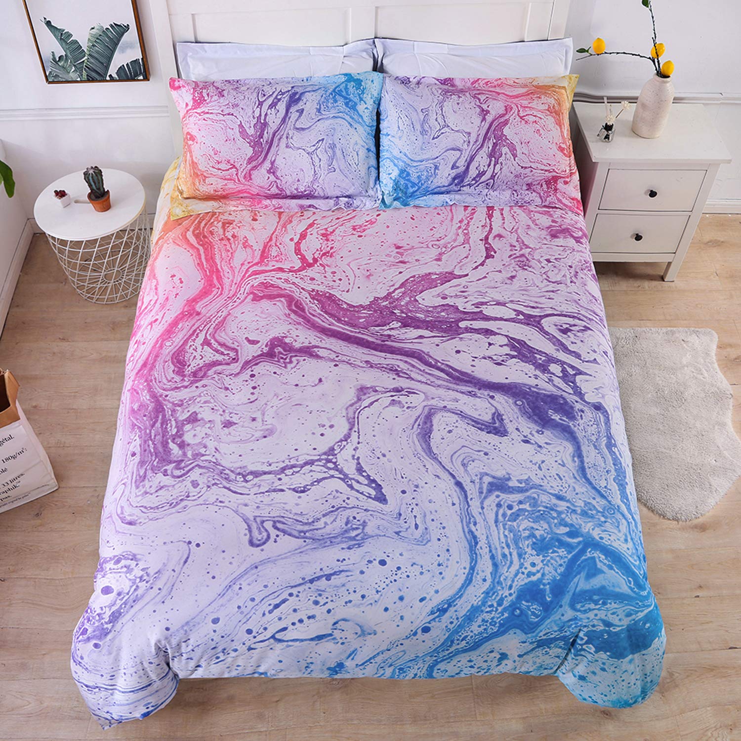 Homaxy King 3-Piece Colorful Marble Bedding Pastel Pink Blue Purple Duvet Cover Sets with 2 Pillow Sham - 3D Marble Abstract Art Printed Designs - Super Soft Bedding Set