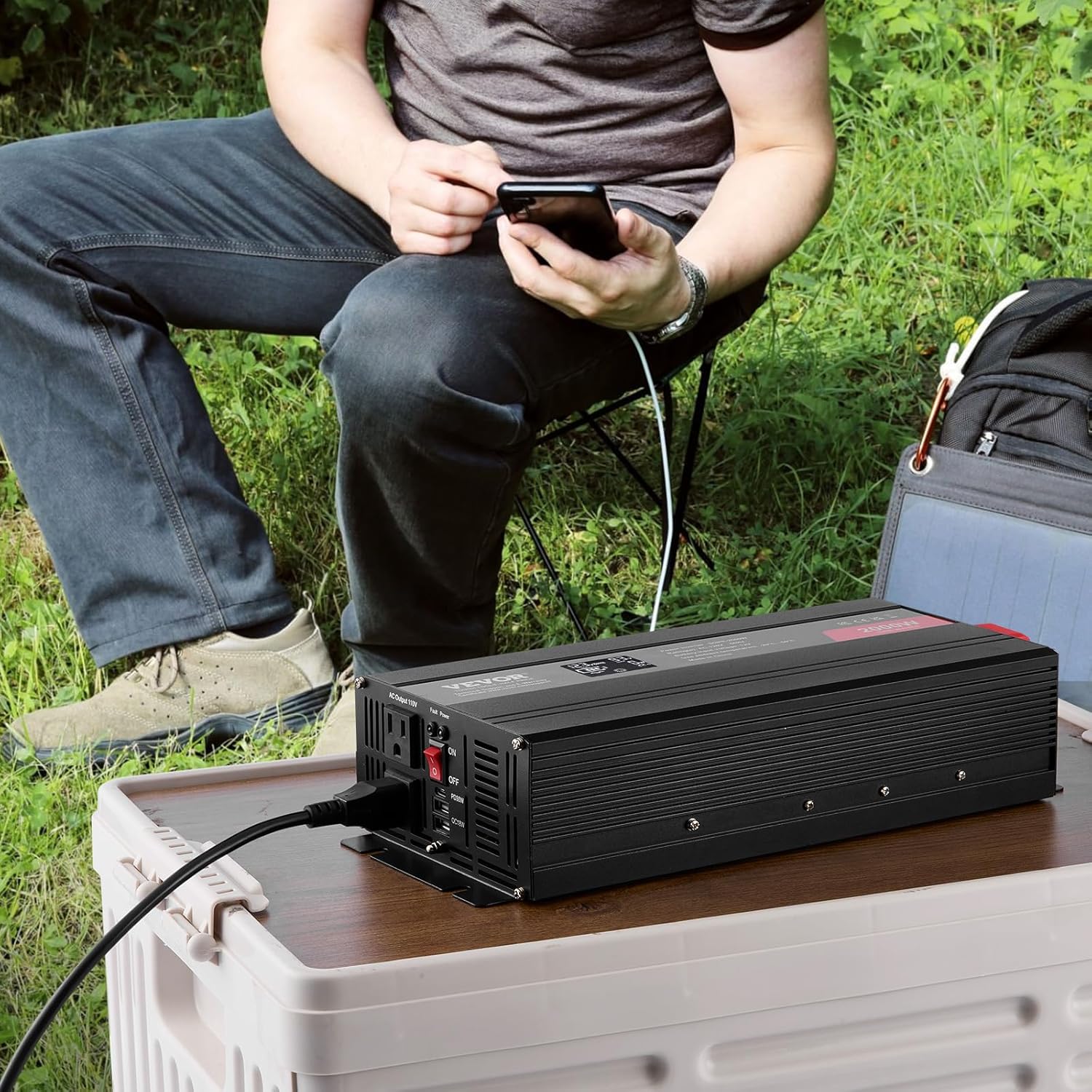 VEVOR Pure Sine Wave Inverter, 2000 Watt, DC 12V to AC 120V Power Inverter with 2 AC Outlets 2 USB Port 1 Type-C Port, LCD Display and Remote Controller for Medium-Sized Household Equipment, CE FCC