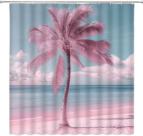 Miniatura 2 de Cortina de ducha de playa rosa, palmeras rosas, hawaiana, isla tropical, océano, playa, amanecer, puesta de sol, tela natural, juego de decoración