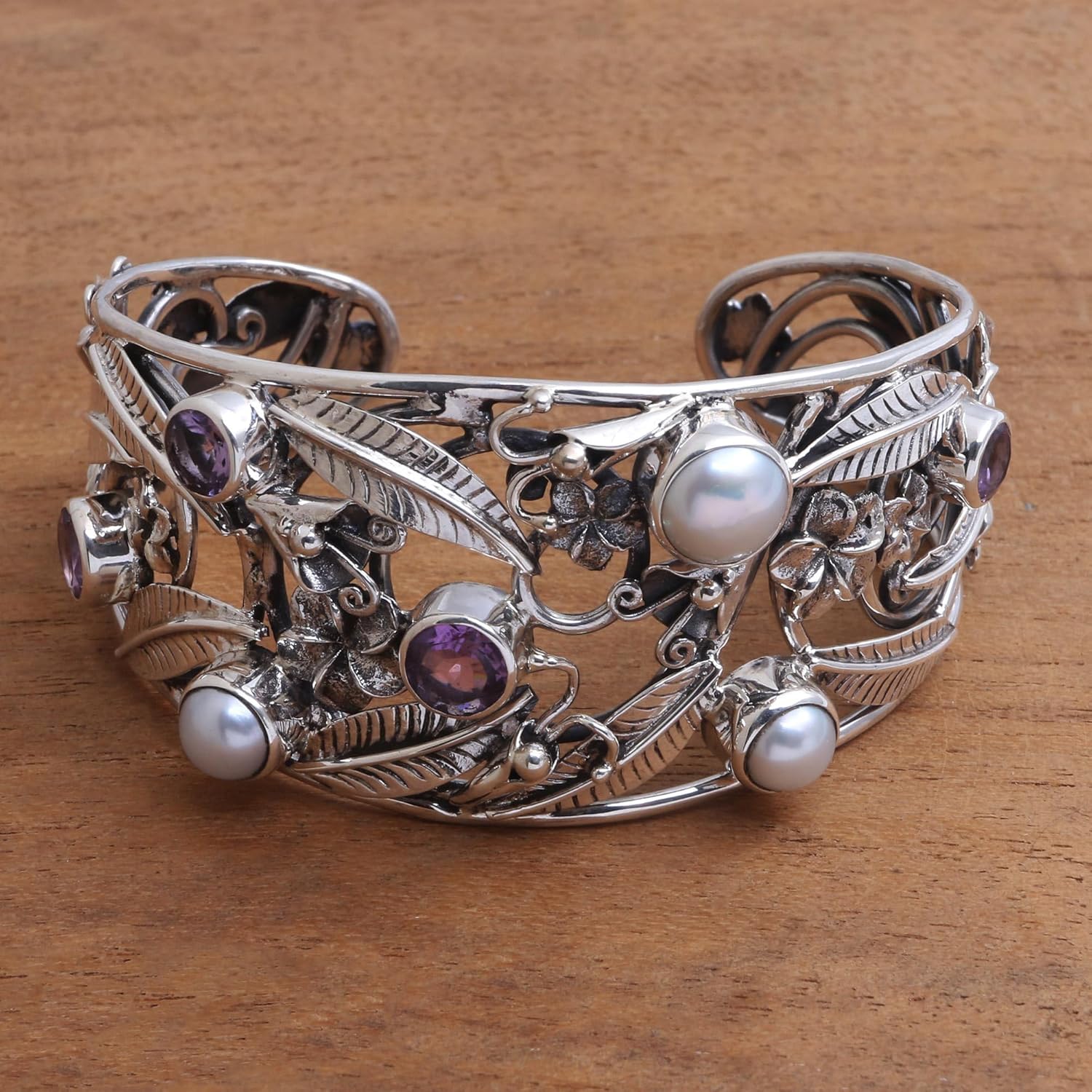 NOVICA Artisan Handmade Amethyst and Cultured Freshwater Pearl Cuff Bracelet | Floral 925 Sterling Silver | Purple and White Jewelry from Indonesia | 5.5" L x 1.3" W