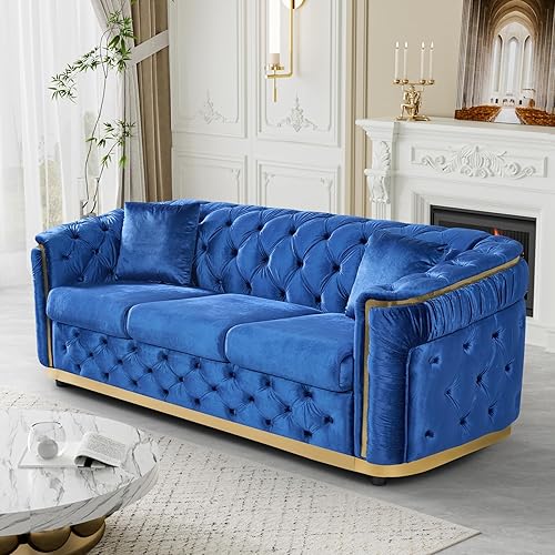 Miniatura 18 de Juego de sofá de terciopelo de lujo, sofá negro y dorado, moderno de mediados de siglo, sofás Chesterfield copetudos y patas doradas, juego de 2