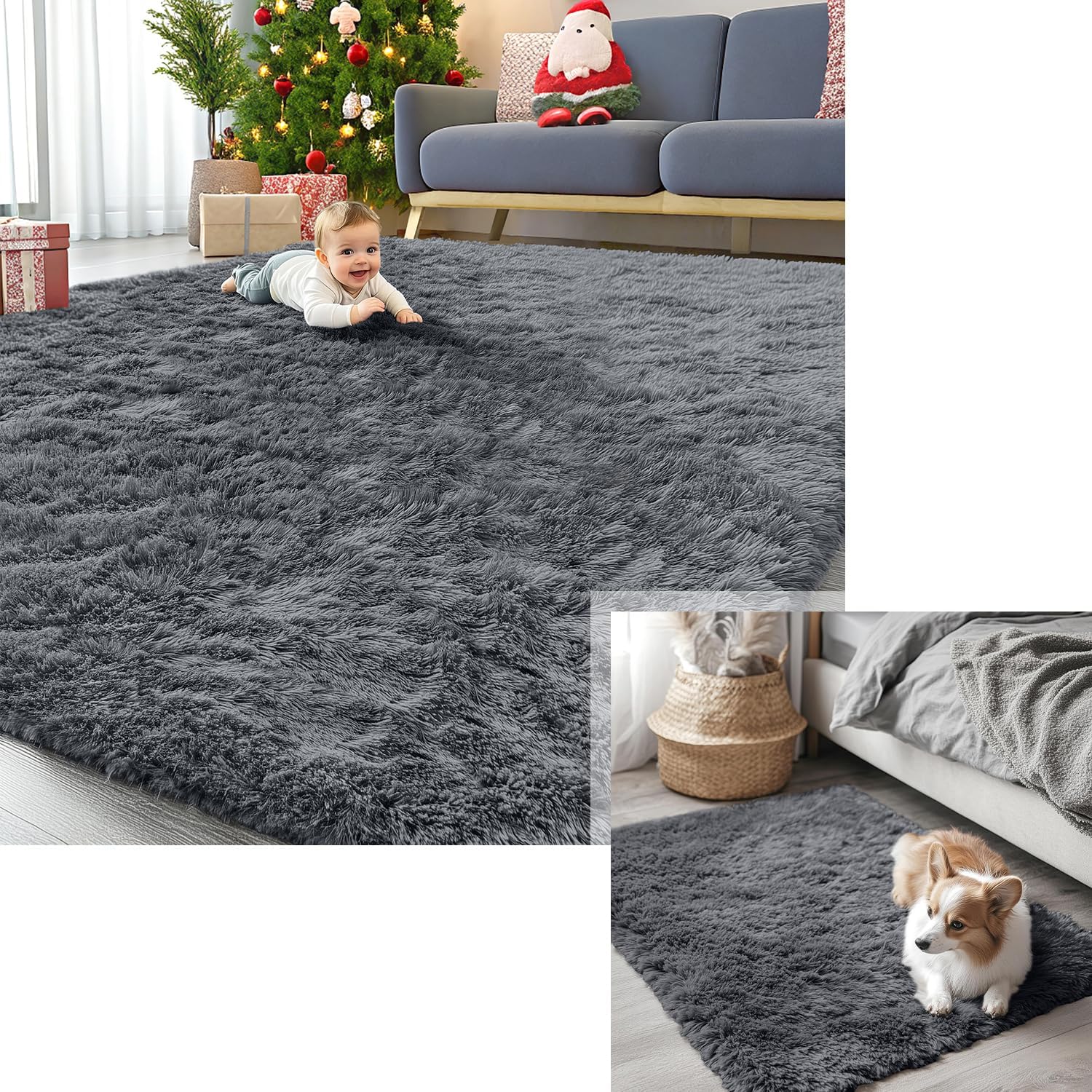 OLANLY Soft Fluffy Shaggy Area Rugs 2 Pieces, Machine Washable Rug Size 2x3 and 9x12 in Grey, 2 Item Bundle