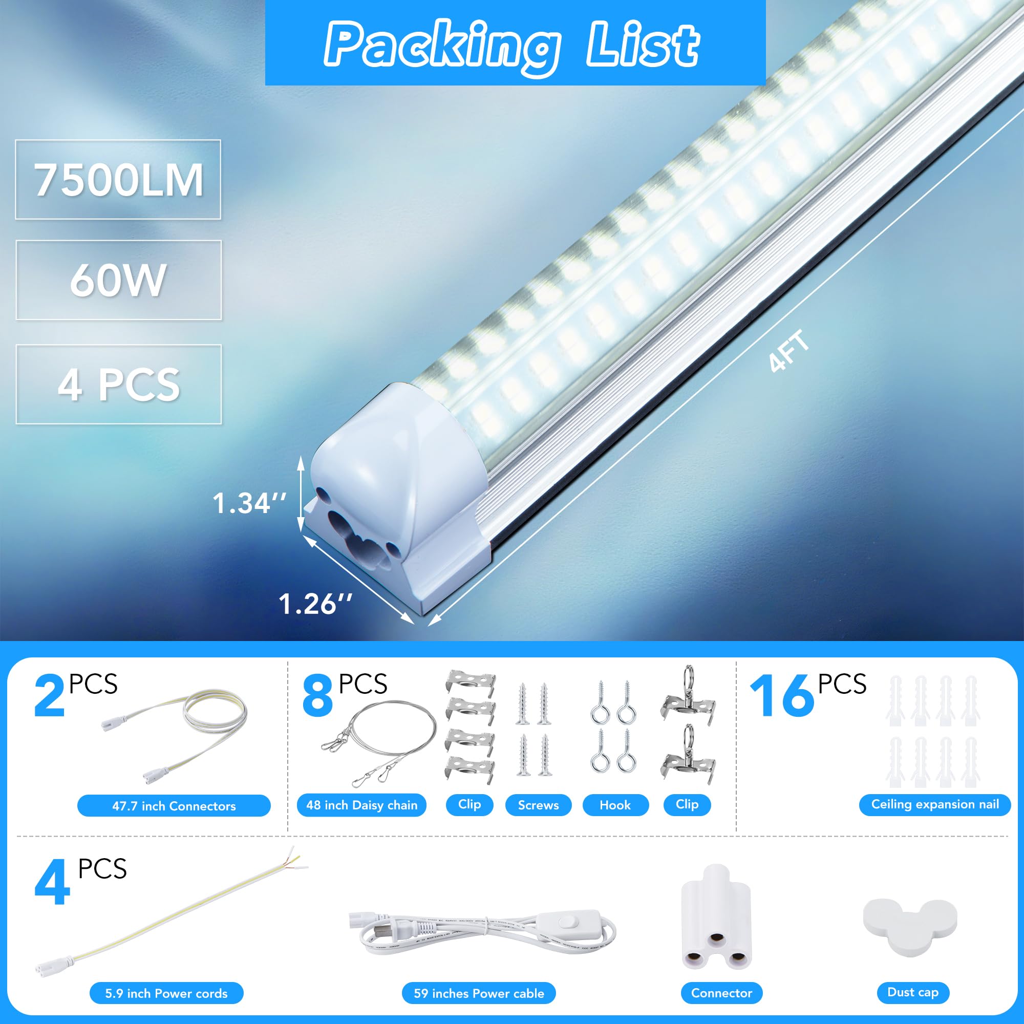 T8 LED Shop Lights 4FT 4 Pack 60W 9600LM 6000K Daylight White Linkable Lighting Plug Play Energy-Saving Work — view 6