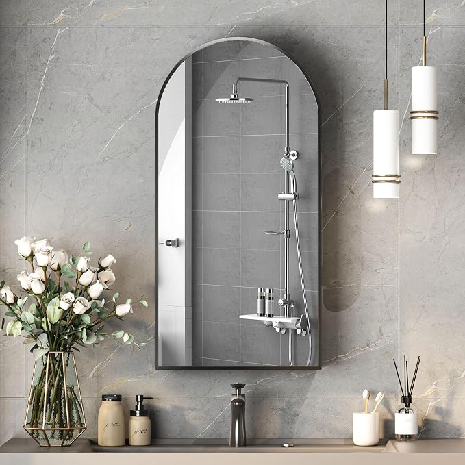 Botiquín arqueado con espejo para baño, negro cepillado 16x32 pulgadas miniatura 7