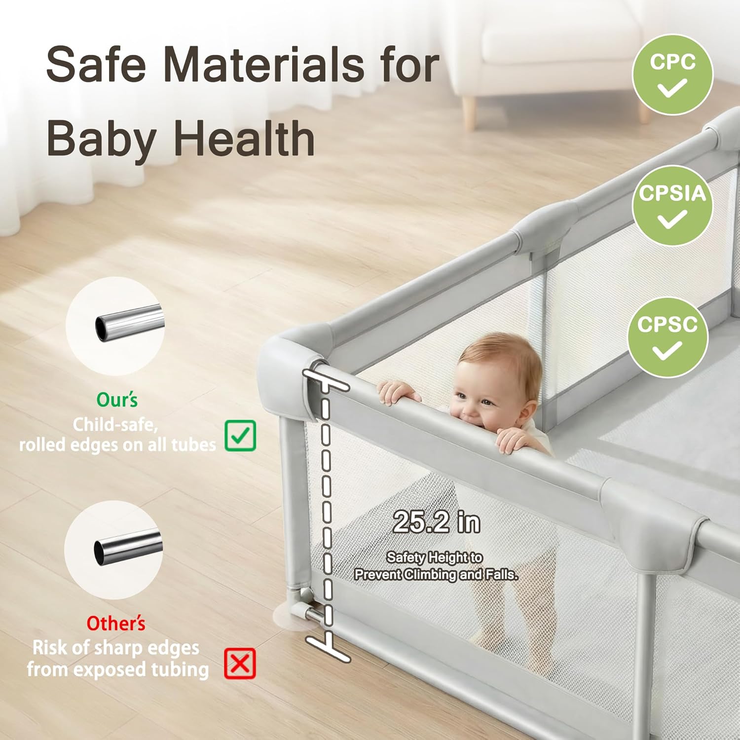 71" ×59" Baby Playpen with Gate, Large Baby Play Pen for Babies and Toddlers, Infant Fence Play Yard with Door for Living Room, Anti-Fall, Breathable Mesh