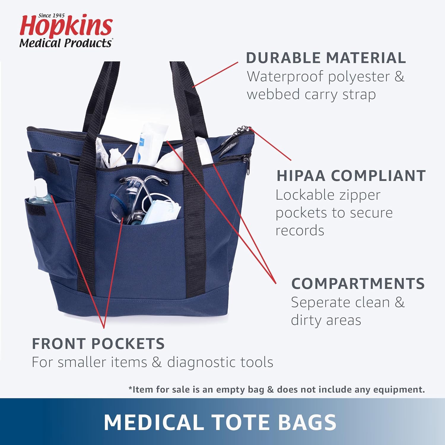Hopkins 600 Clean/Dirty Tote for Nurses and Home Health Professionals, 17 inches x 14.75inches x 4.75 inches, Navy