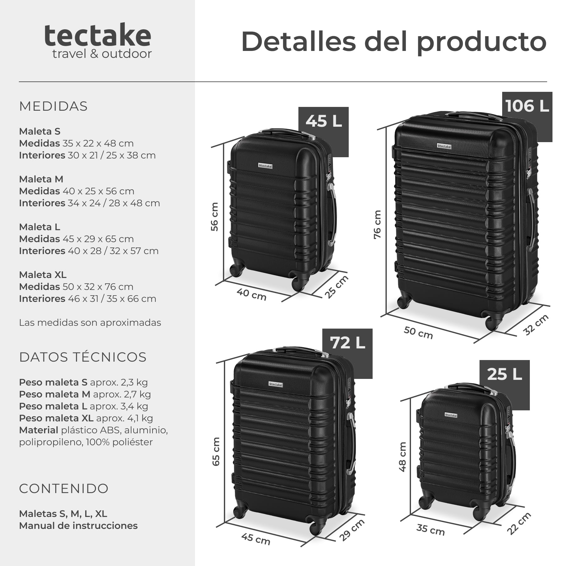 tectake® Juego de 4 Maletas Rígidas de Plástico ABS, Tamaños XL-L-M-S, Set Maletas Viaje con Ruedas de 360º, Cerradura de Combinación TSA, Asa Telescópica de Aluminio, Interior Compartimentado - negro