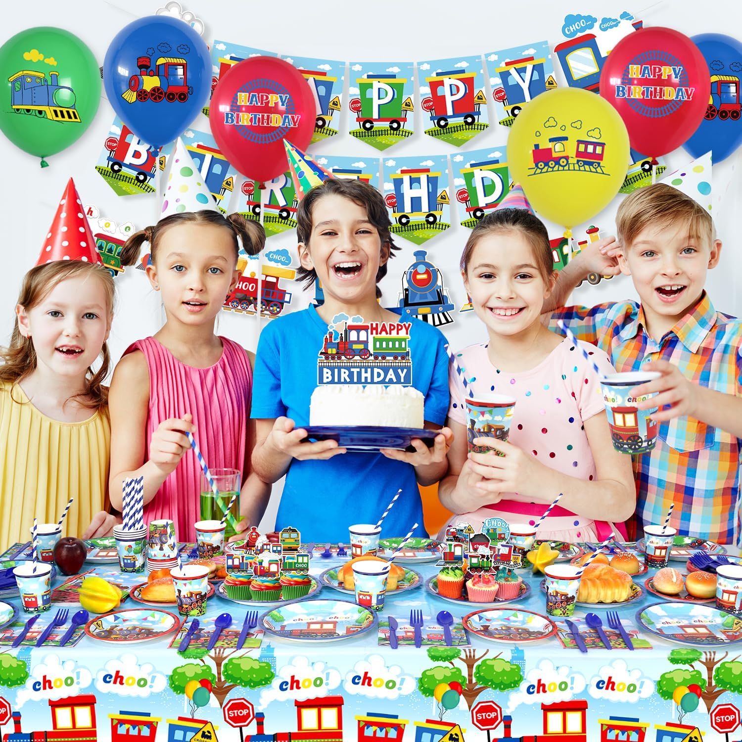 Train Party Supplies , Includes Happy Birthday Banner, Plates, Cupcake Toppers, Napkins, Cups, Tablecloths, for Train Theme Party Birthday Vehicle Party Decorations Serves 20 - Image 7