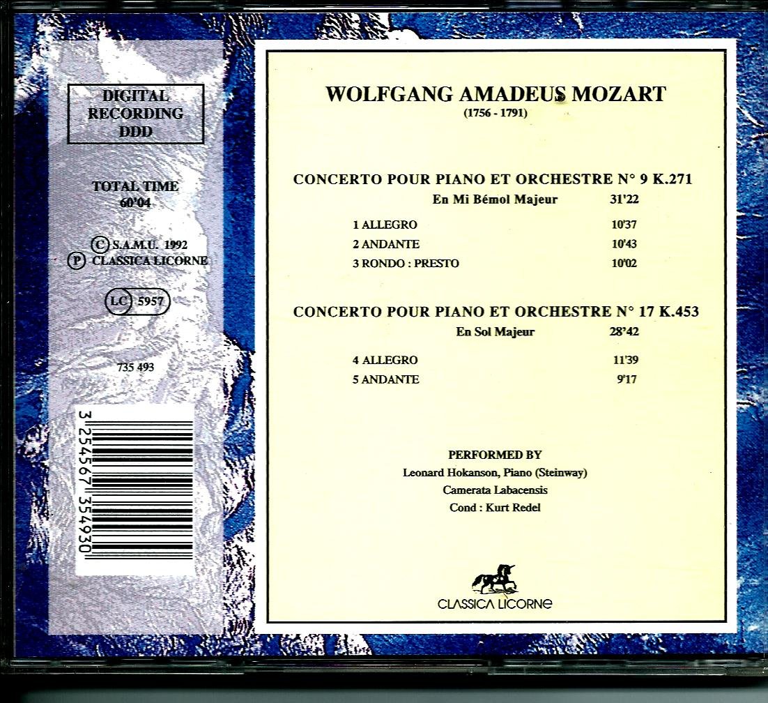 MOZART Concertos pour piano et orchestre n° 9 K 271 & n° 17 K 453 [Audio CD]