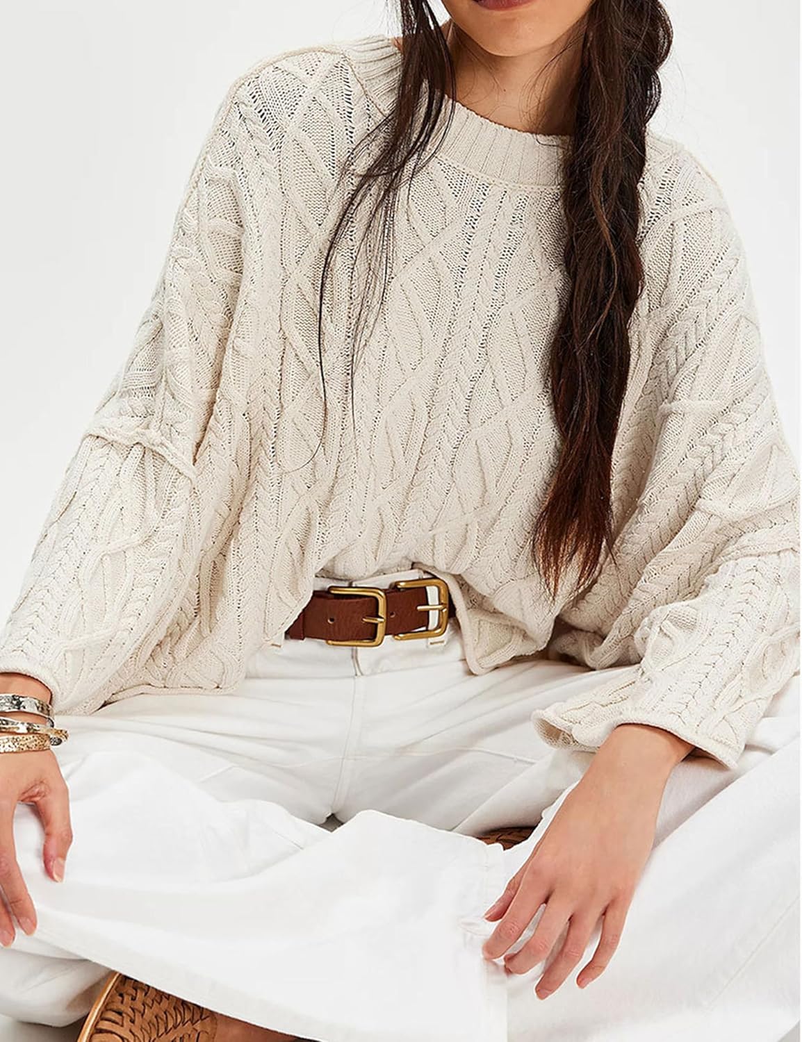 Zontroldy Women's Crewneck Lantern Sleeve Boxy Cable Knit Sweater Cropped Pullover Sweaters Jumper - Image 3