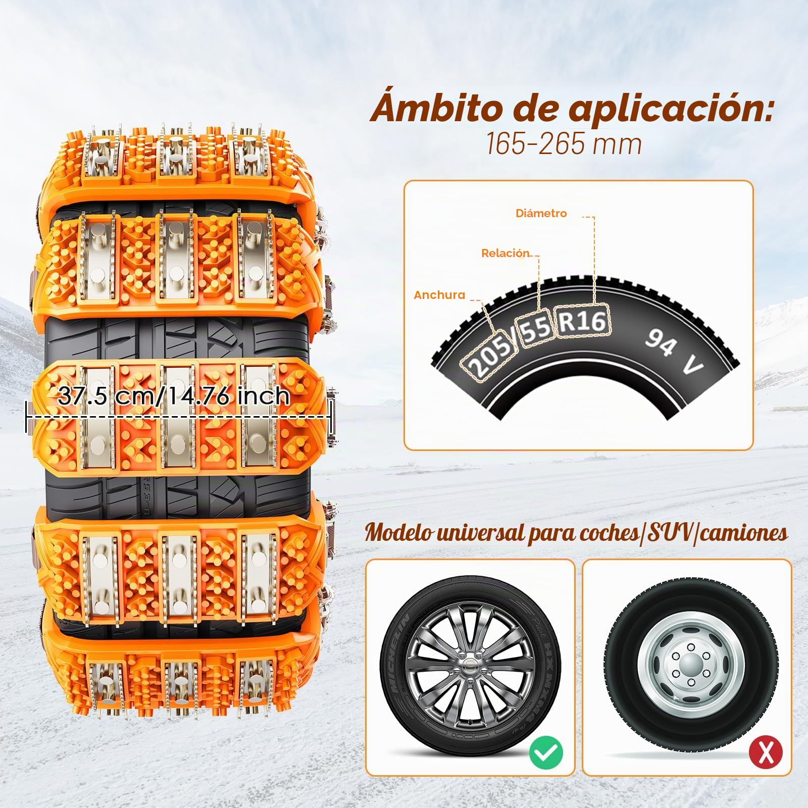 Cadenas de Nieve para Coches Ninonly 8Pcs Cadena Nieve Universal Antideslizante de Emergencia para Coche Camión SUV Adecuadas para Neumáticos Ancho 165mm-265mm para Barro, Arena, Nieve, Hielo, Subida