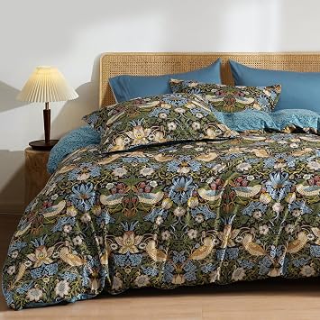 PHF Ultra Soft Floral Duvet Cover Queen Size, Revisible Boho Printed Vintage Bedding Set 3 Pieces, Comfy Durable Morris Garden Duvet Cover Set with 2 Pillow Shams, Zipper Closure and 8 Ties, 90"x90"