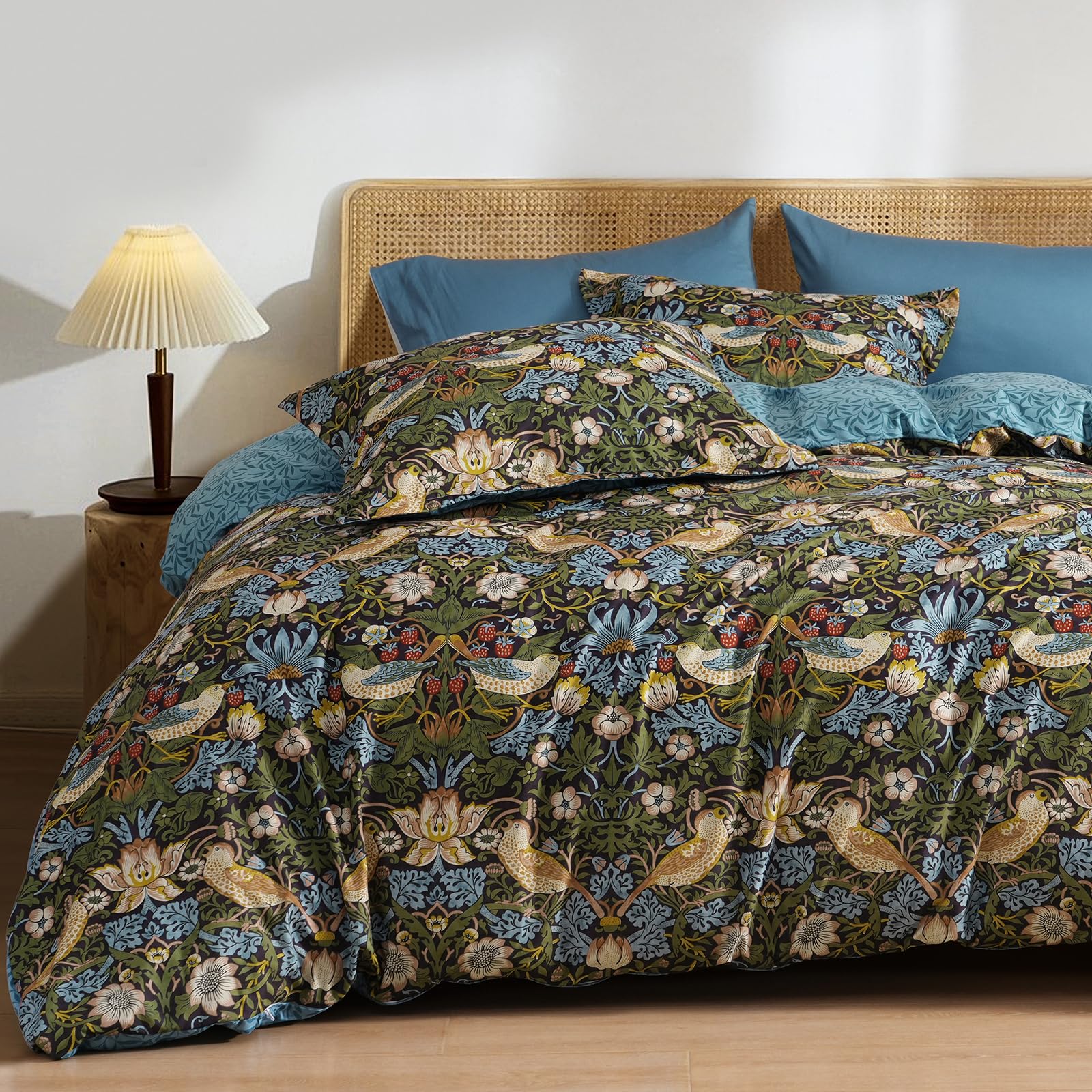 phf ultra soft floral duvet cover queen size, revisible boho printed vintage bedding set 3 pieces, comfy durable morris garden duvet cover set with 2 pillow shams, zipper closure and 8 ties, 90"x90"