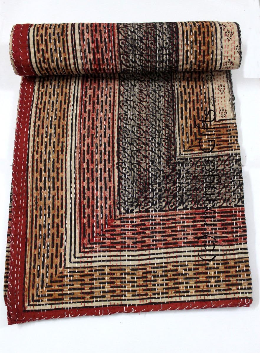 Mango Gifts Vintage Kantha Quilt Queen Size – 100% Cotton Reversible Indian Bedspread 86 x 98 Inches – Handmade Hand-Block Print Multi Color Throw Blanket