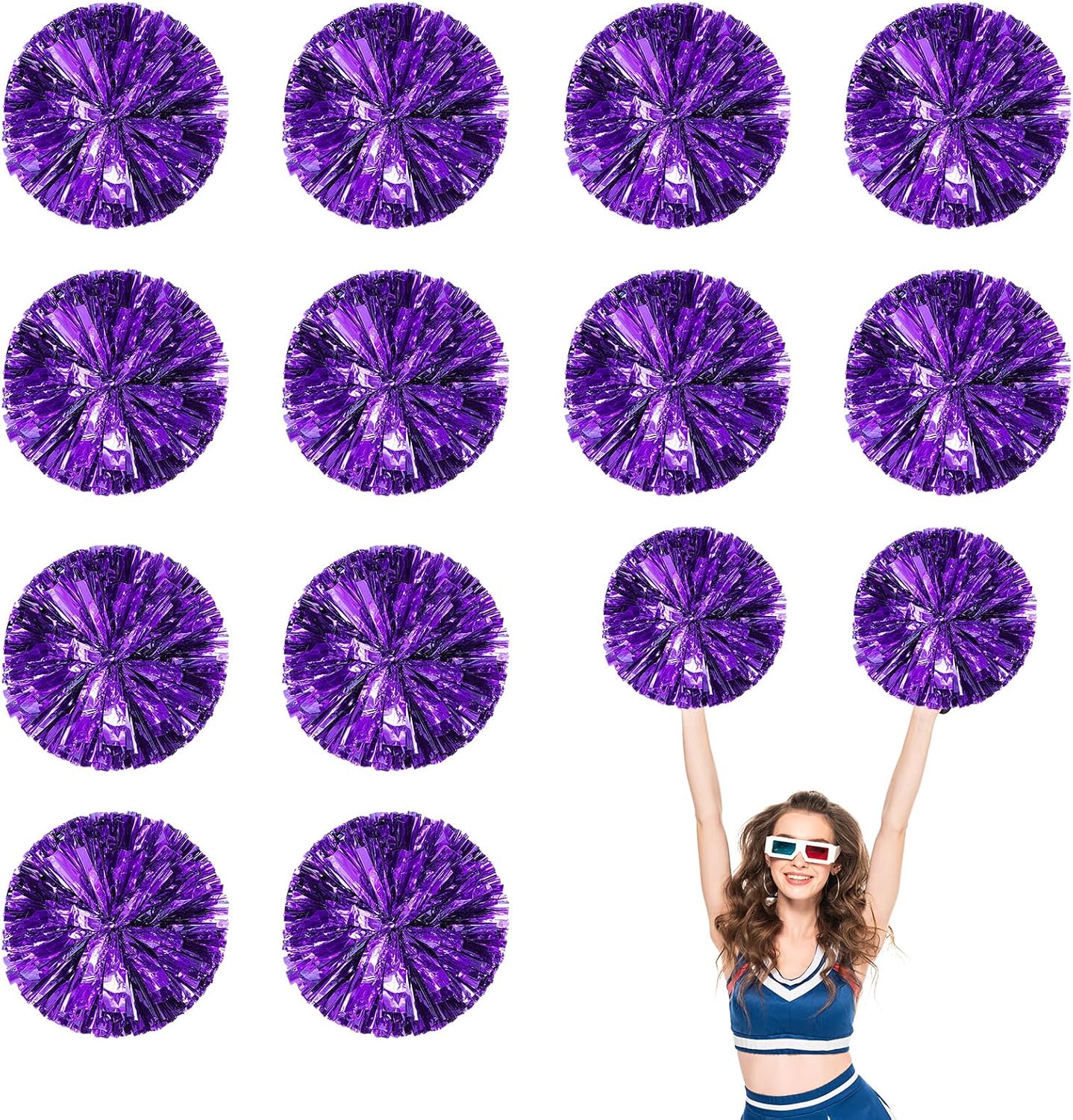 Cheerleader Pom Poms 12 Pack Sports Dance Cheering Plastic Metallic Cheerleading Pom Poms for Kids Adults-Palm Style.