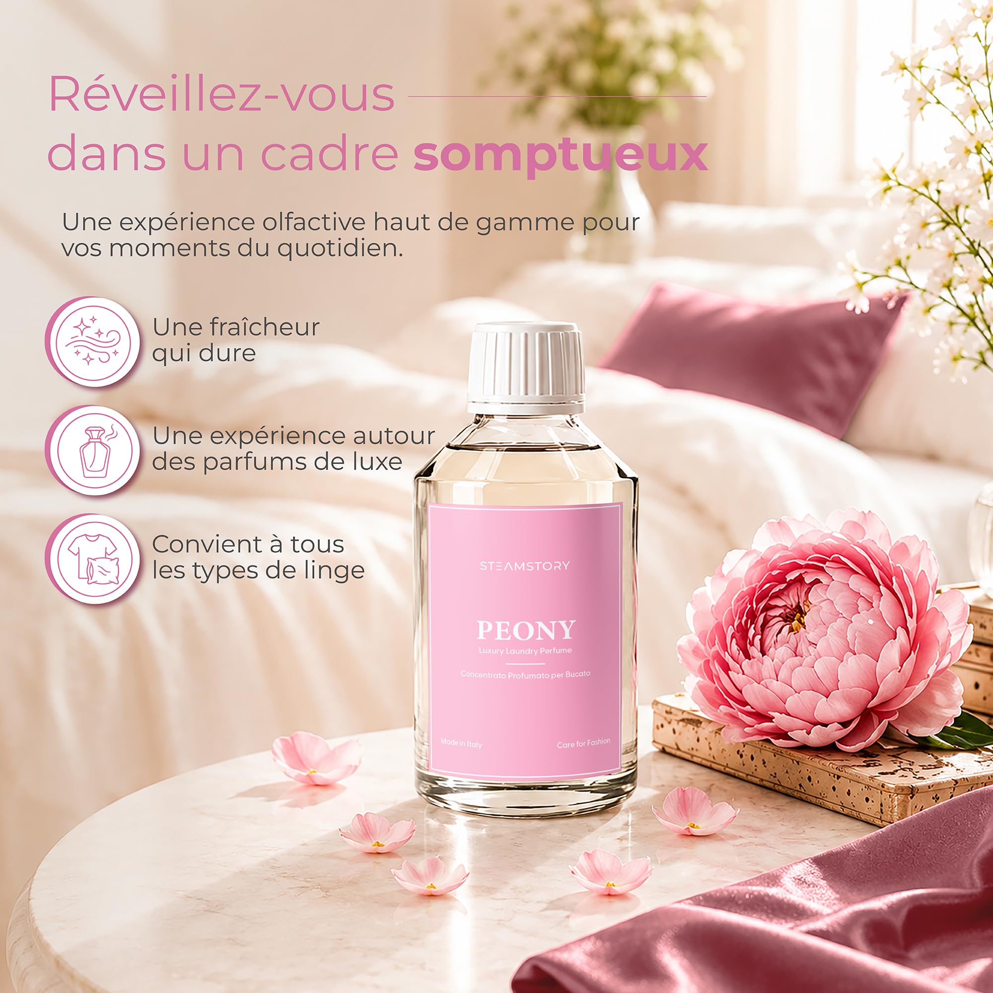 Lot de parfum de luxe pour linge - Parfum intense et fruité avec zircone, topaze bleue, pivoine et cristal - 4 x 250 ml