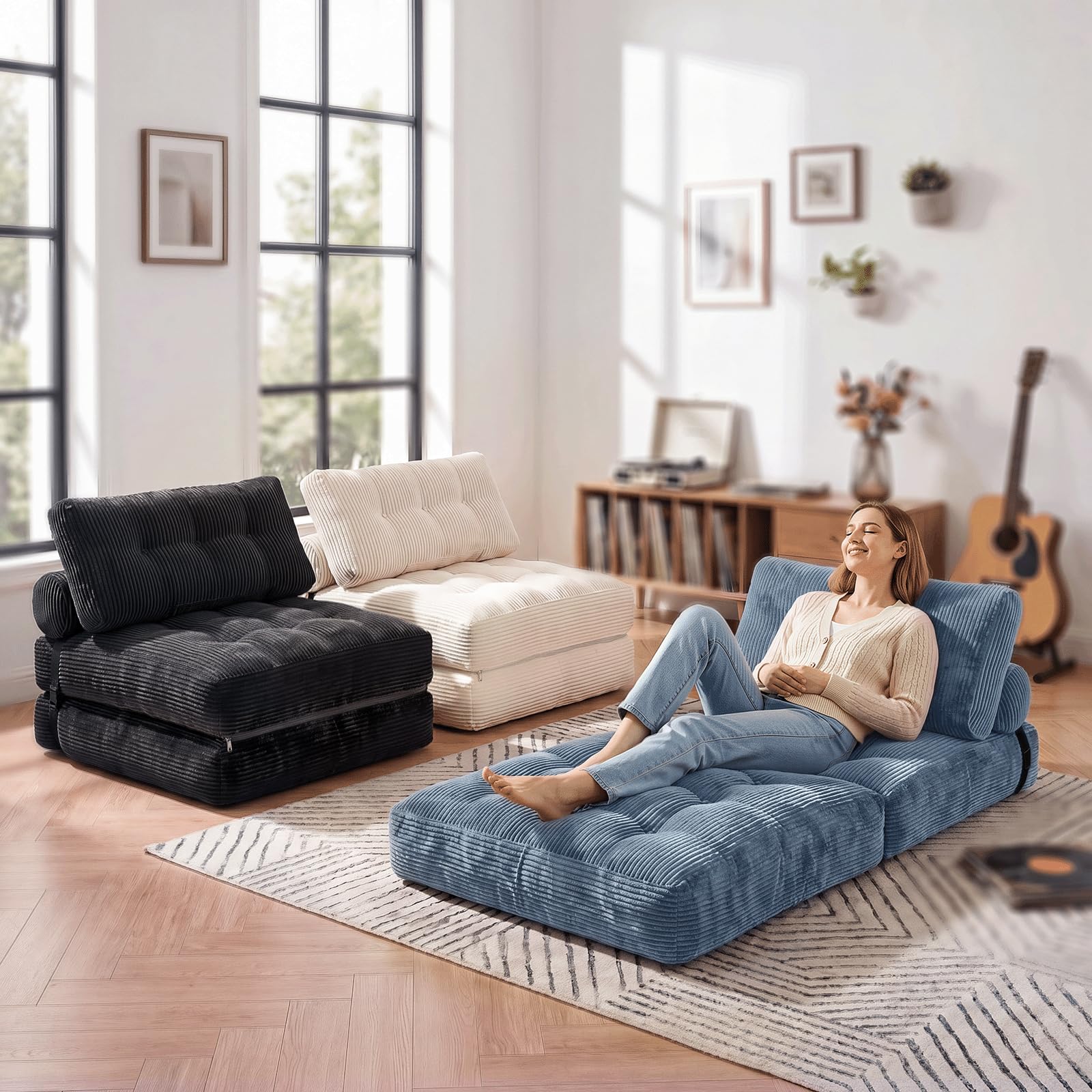 Fabulcozy Sofá Cama 4 en 1 Convertible Plegable - Sillón, Sillón Convertible, Sofá Cama 1 Plaza, Ideal para Espacio Pequeño, Salón o Dormitorio (Gris Azulado)