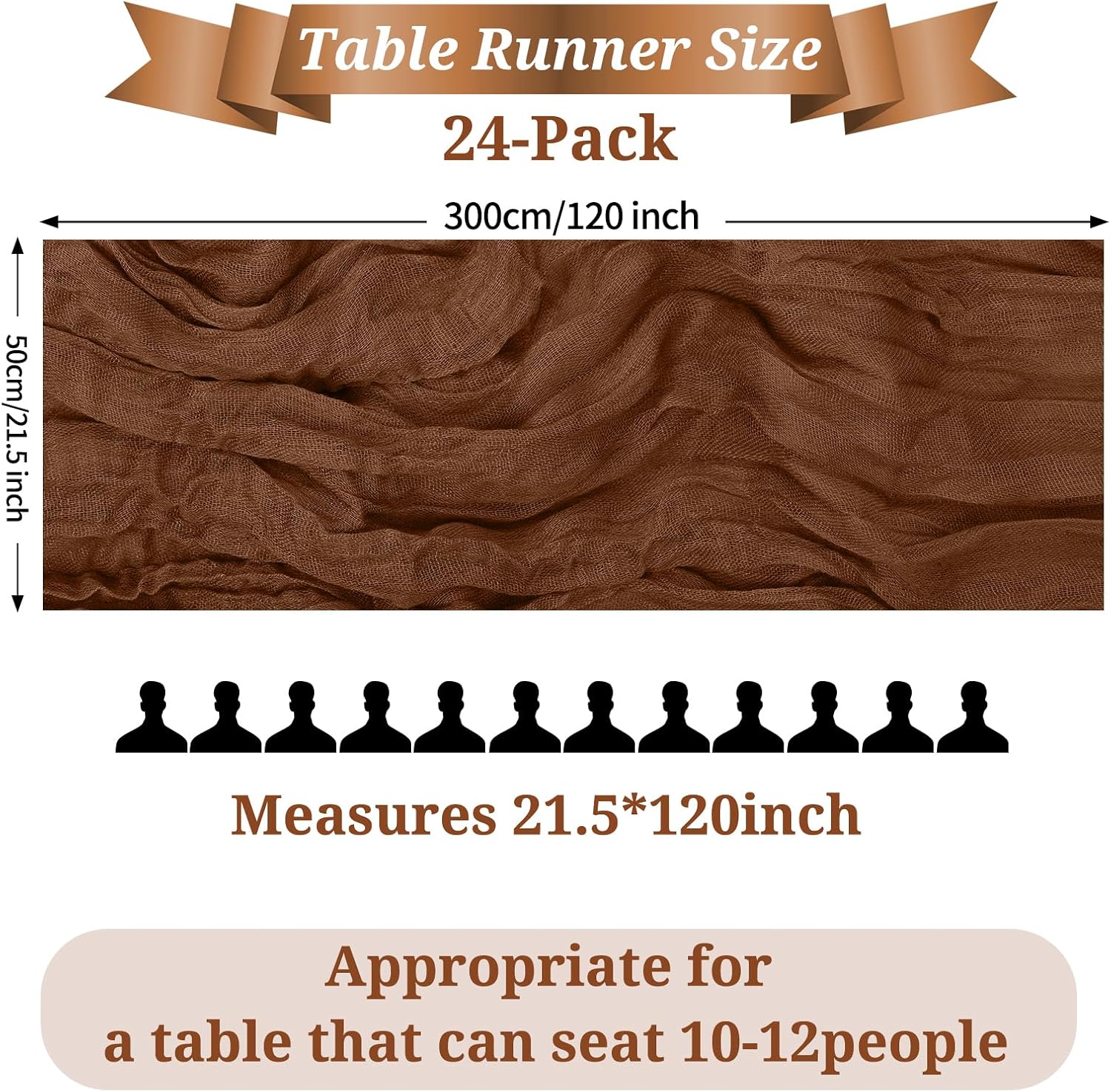 Pesonlook 24 Pack Cheesecloth Table Runner, 10FT Brown Table Runner Long Romantic Semi Sheer Rustic Boho Gauze Table Runners for Wedding Bridal Shower Birthday Party Decorations(21.5×120 Inch)