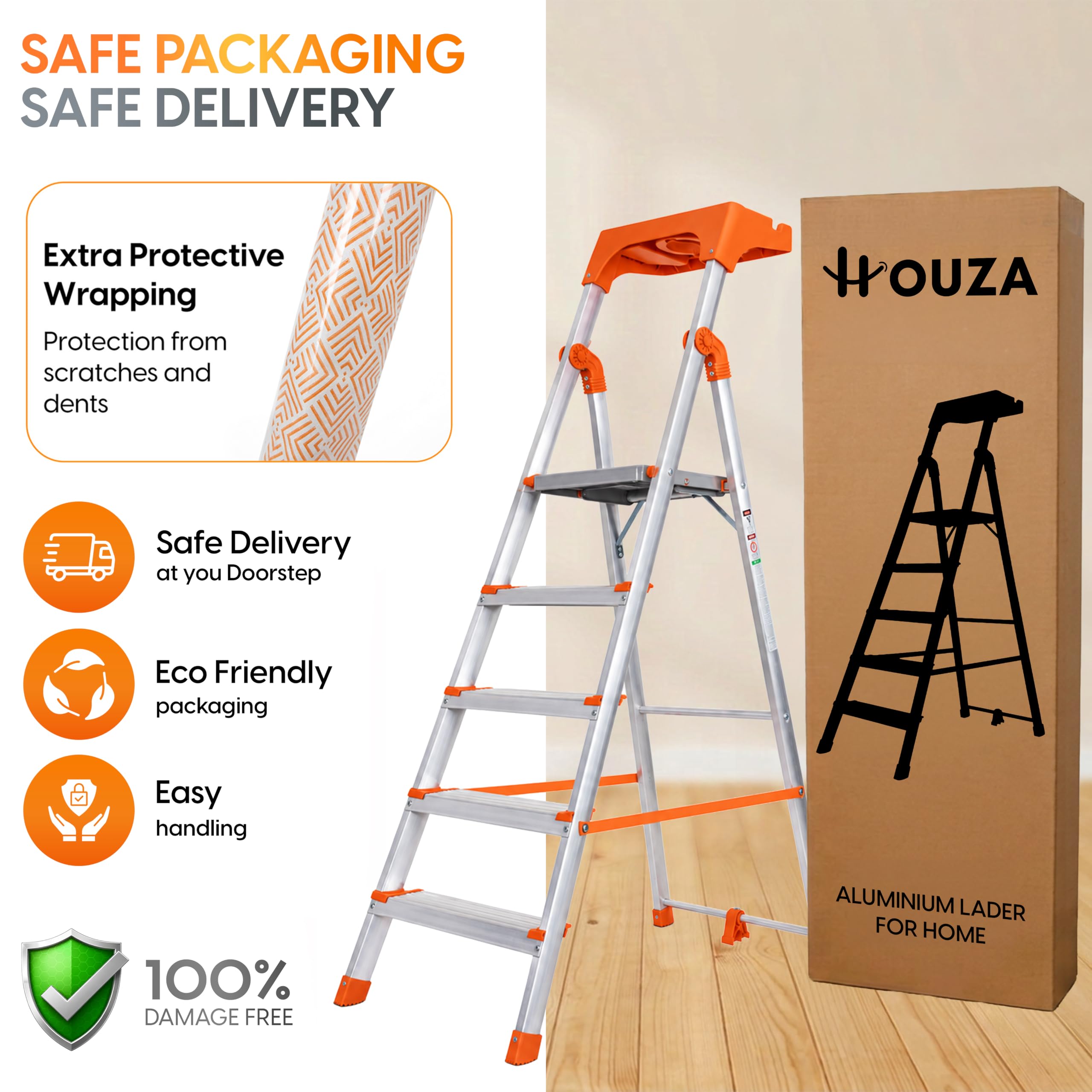HOUZA Aluminium Ladder - 5 Steps, Foldable & Safe -5