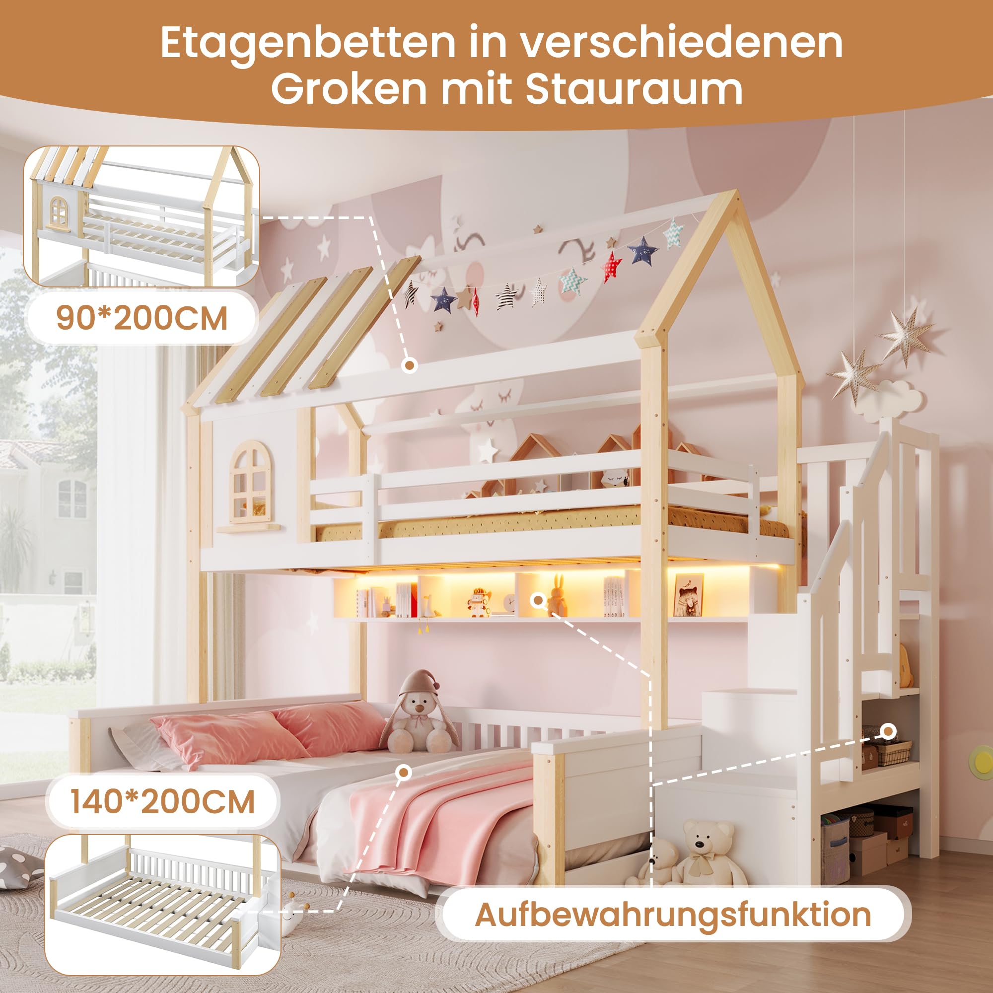 Litera de 90(140) x200 cm con LED y Diseño de Casa, Cama Infantil con Compartimentos Abiertos y Escalera Almacenaje, Cama Litera Matrimonio con Protección Anticaída, Sin Colchón, Blanco+Natural