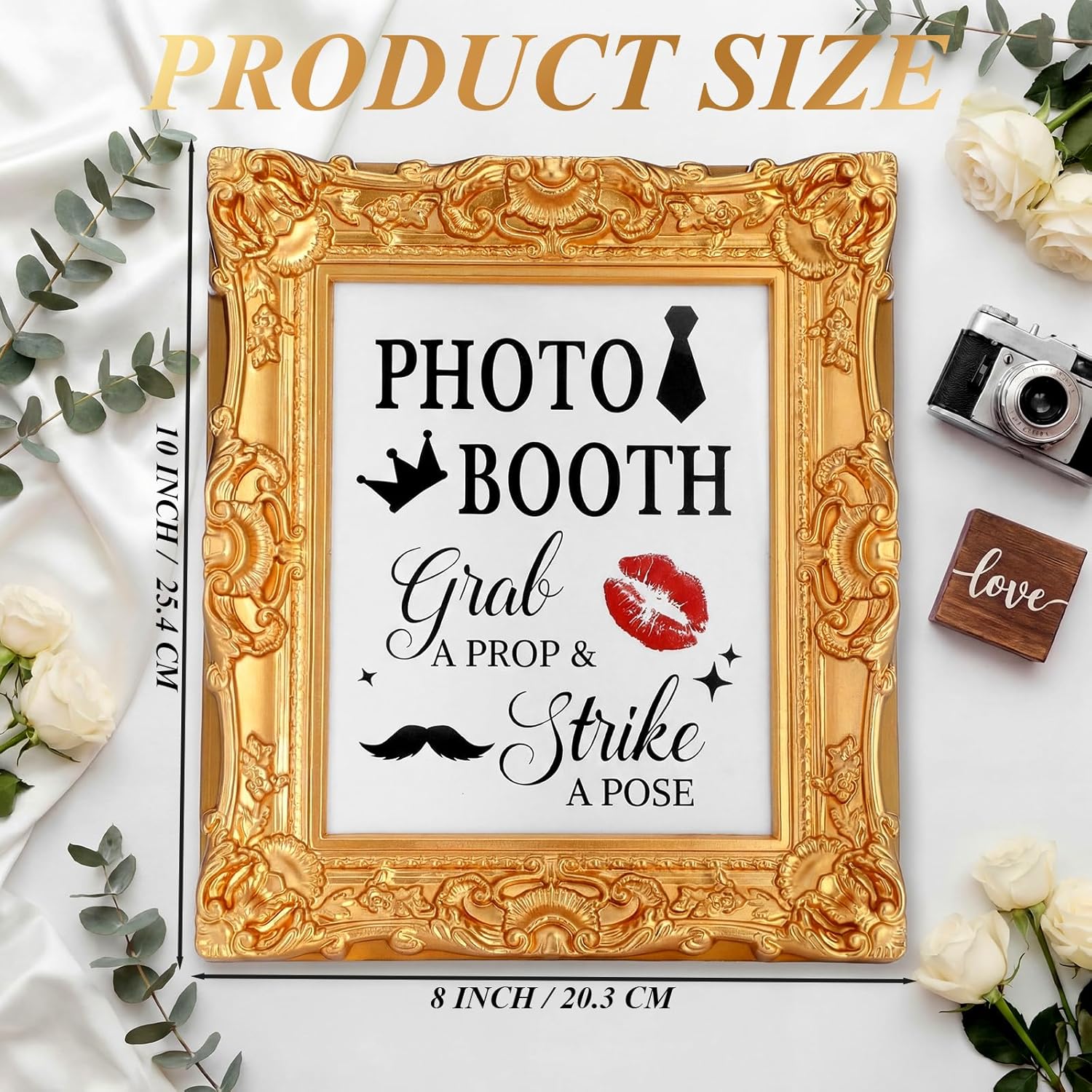 Qunclay Vintage Wedding Photo Booth Sign with Gold Frame Retro Resin Photo Booth Stand for Props Background Table for Indoor and Outdoor Wedding Party Supplies Photography Props Desktop Decoration