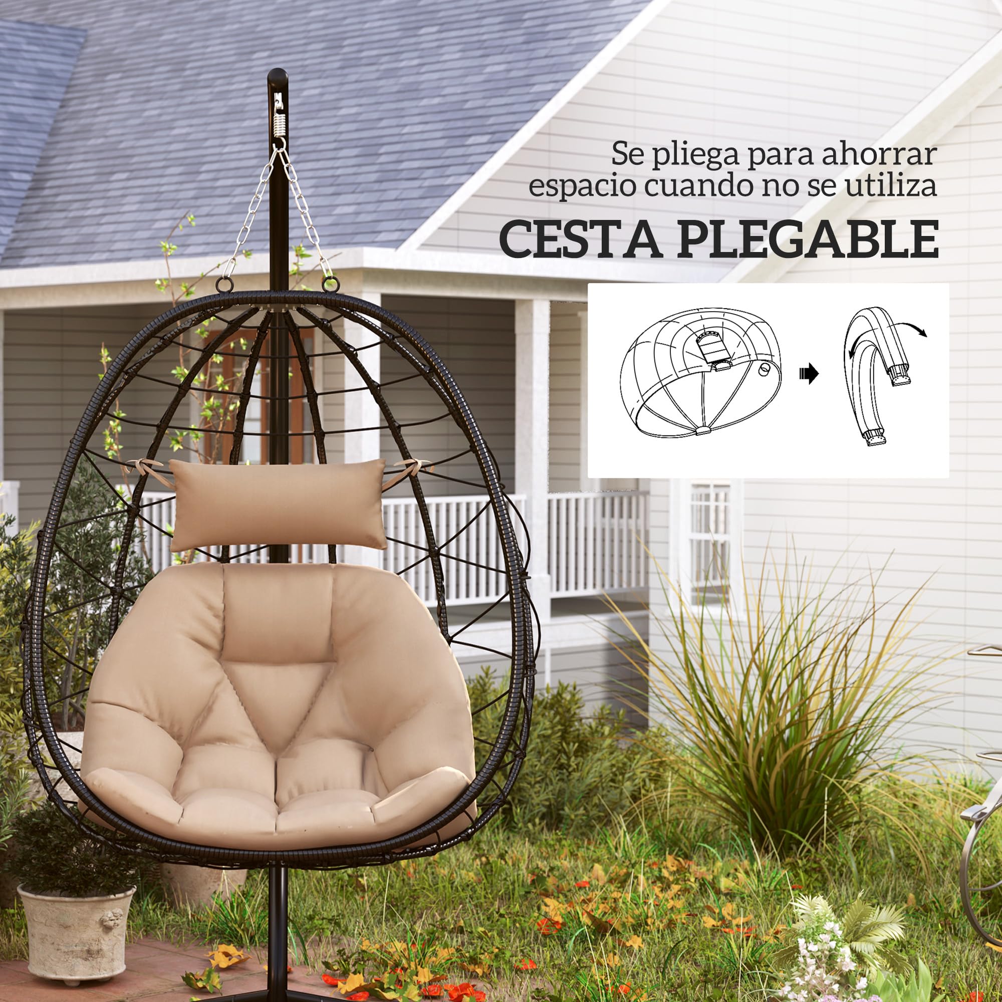 Outsunny Silla Colgante Huevo con Soporte Columpio Jardín Exterior con Cesta Plegable Cojín y Reposacabezas Columpio Colgante para Interior y Exterior Carga 120 kg Caqui
