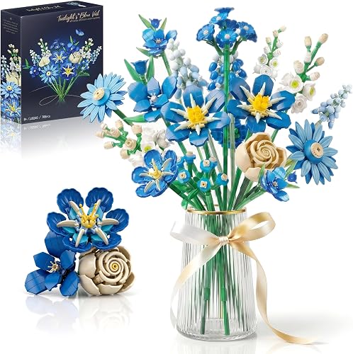 Blue Eternal Flower Bouquet Building Block Set, DIY Artificial Rose Daisy Botani