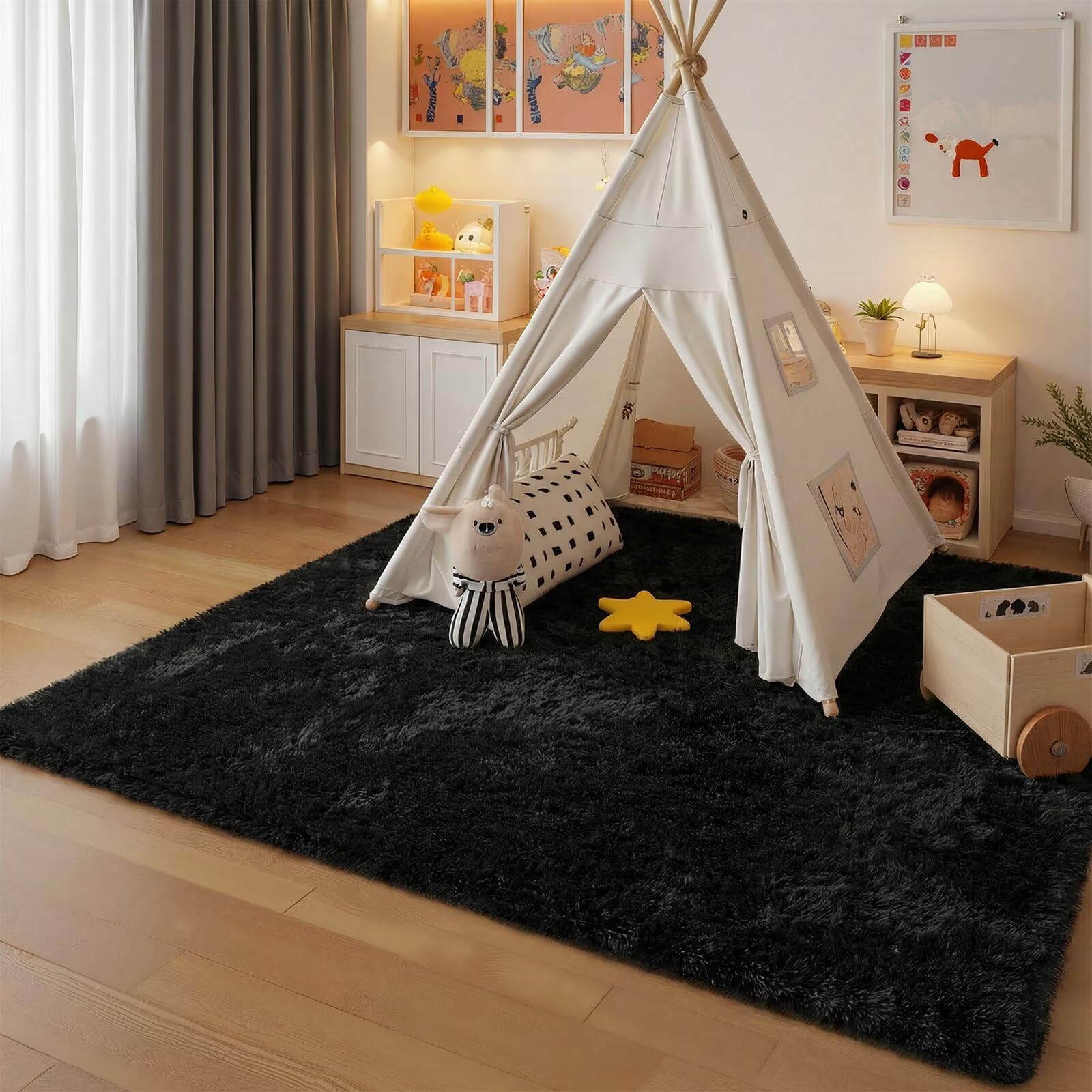 junovo Black Washable Area Rug for Boys Bedroom Living Room, 4x5.3 Soft Non-Slip Fluffy Rugs, Shag Plush Memory Foam Carpet for Kids Room Baby Nursery Home Decor