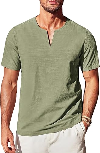COOFANDY Camisa Henley de algodón y lino para hombre, manga corta, casual, cuello en V, para verano, yoga, ligera