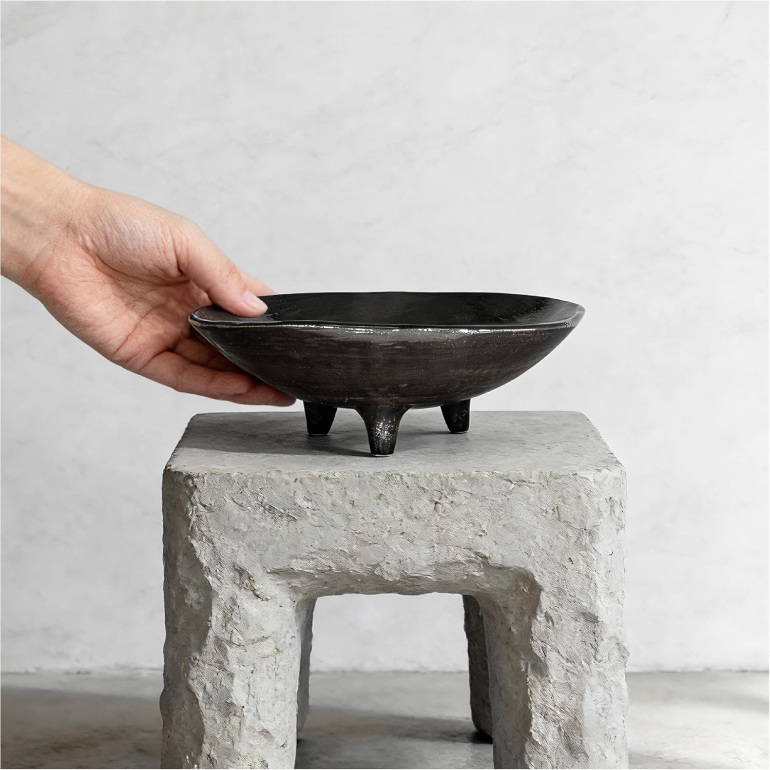 Small Wabi-Sabi Ceramic Bowl, 6 Inch Handcrafted Tripod Design for Snacks, Sauces, Dips, Decorative Serving Bowl for Kitchen, Dining Table, Coffee Table (Black) image 4