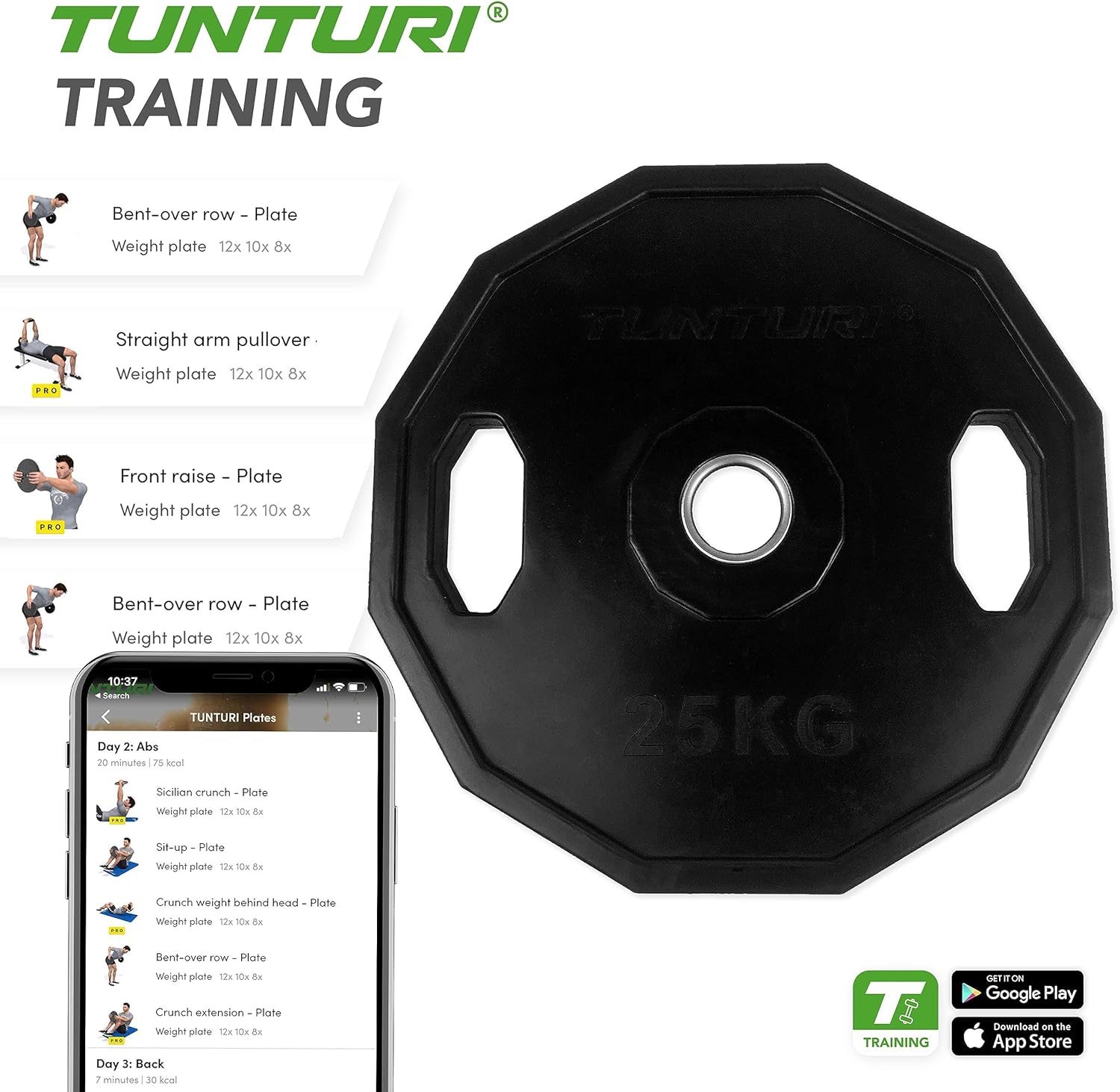 Tunturi Unisex Adult Weight Plates Olympic weigth Plate -Rubber weigth Plate 25.0kg, Single Plate - Black, 1