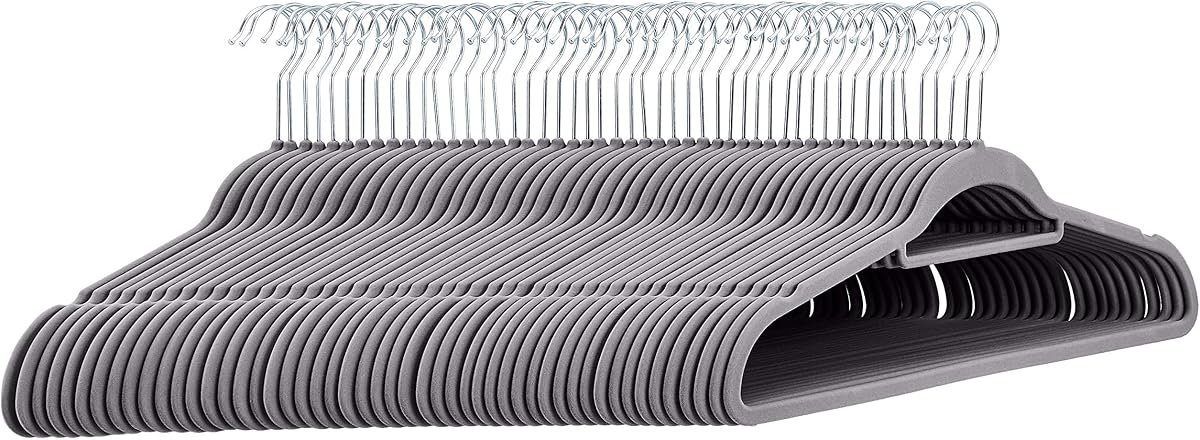 Space Saving Heavy Duty Non-Slip Velvet Suit Hangers with Horizontal Tie Bar, Sturdy for Clothes Organization and Storage, Dark Gray, 50-Pack